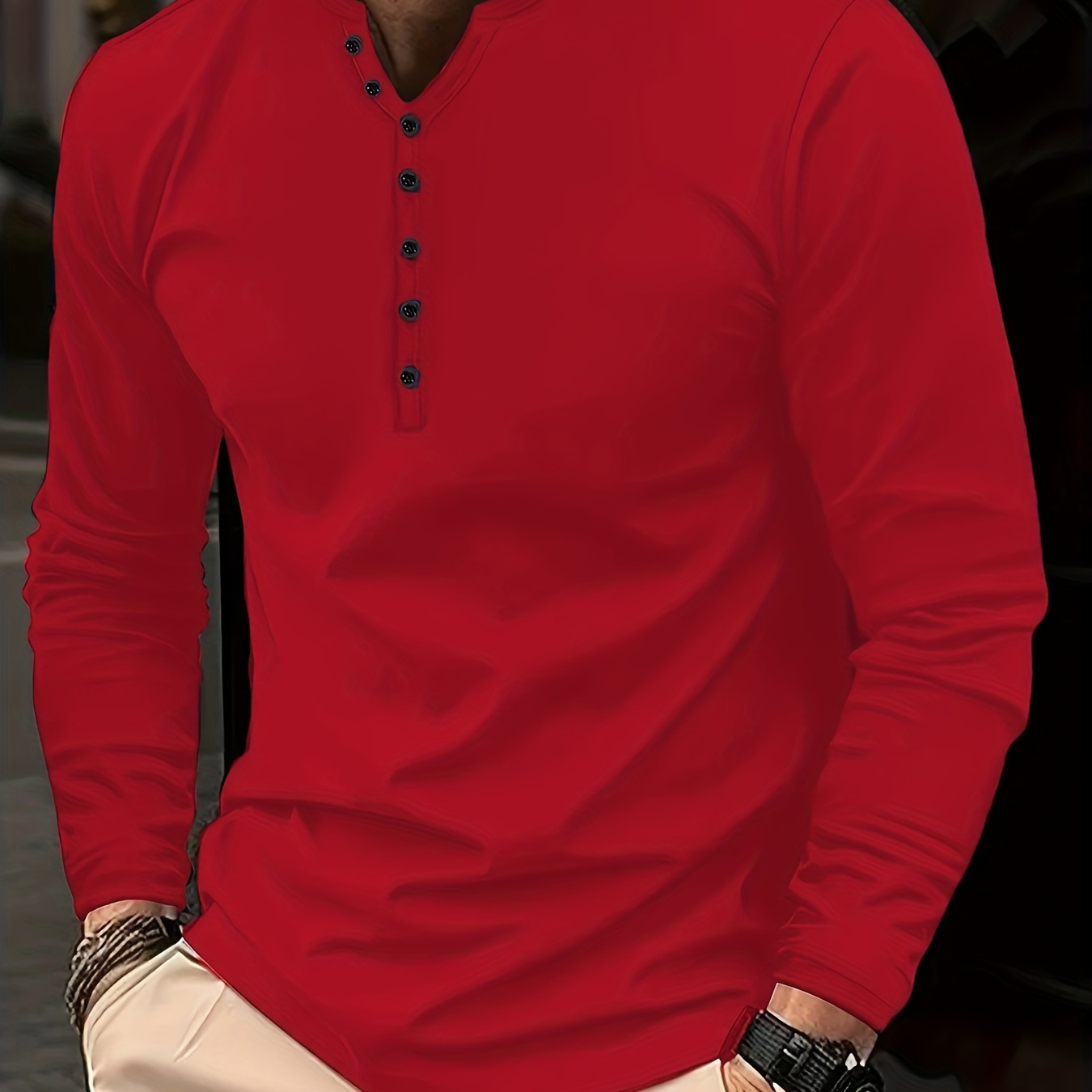 

Spring Fall Men's Top, Casual Solid Men's Long Sleeve Henley Tee With Sweetheart Neckline