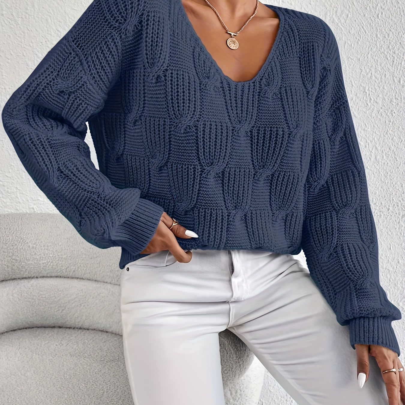 

Solid V Neck Pullover Sweater, Elegant Long Sleeve Drop Shoulder Loose Sweater, Women's Clothing