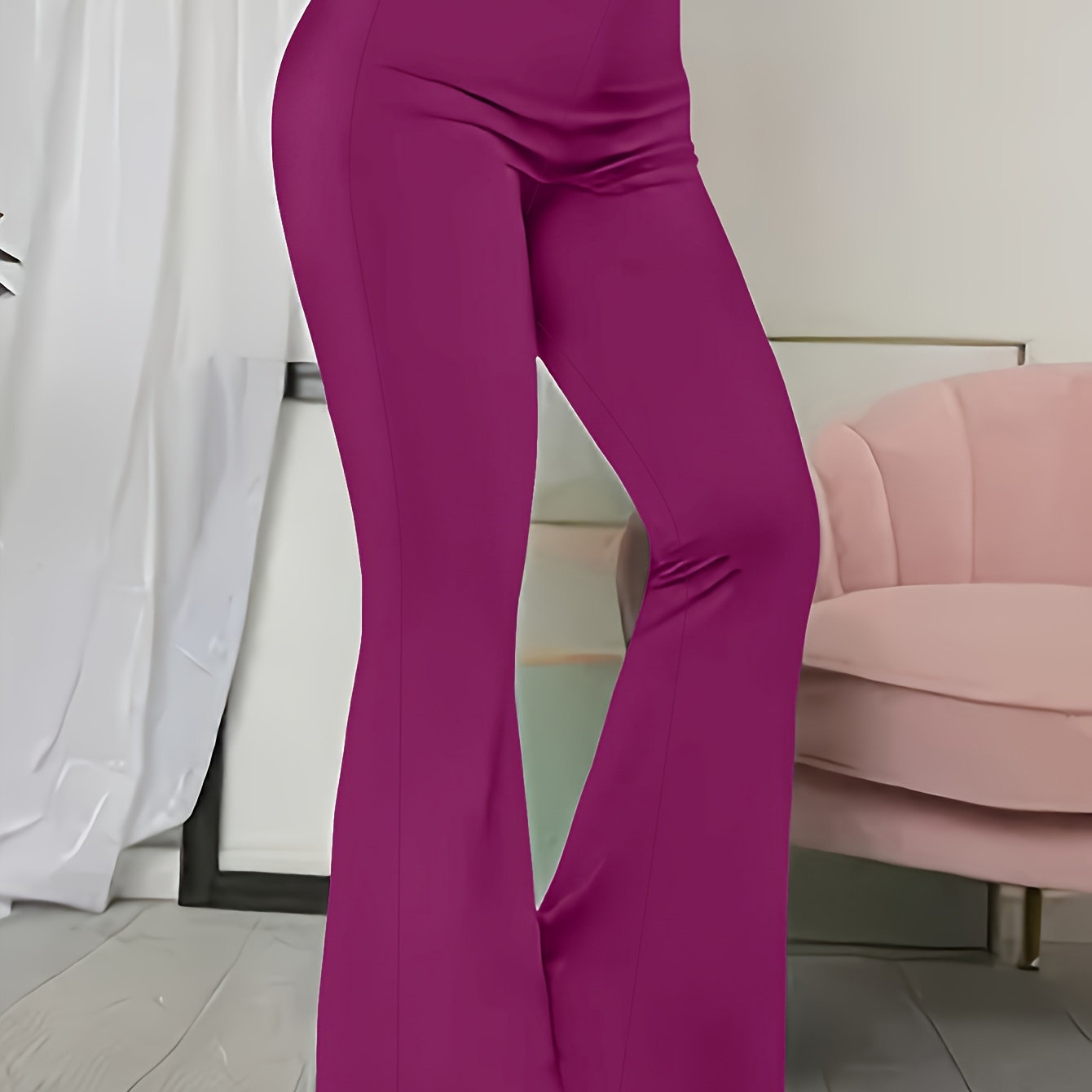 

Solid Color High Waist Pants, Elegant Flare Leg Pants For Spring & Fall, Women's Clothing