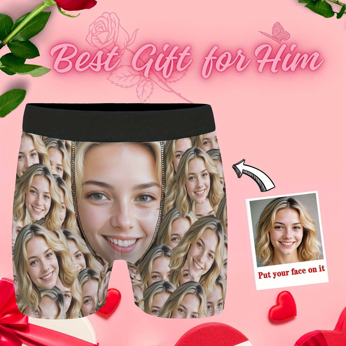 

Customized Personalized Headshot Photo Pattern Men's Underwear, Casual Boxer Briefs Shorts, Breathable Comfy Stretchy Boxer Trunks, Sports Shorts As Holiday Valentines Gifs For Husband Boyfriend