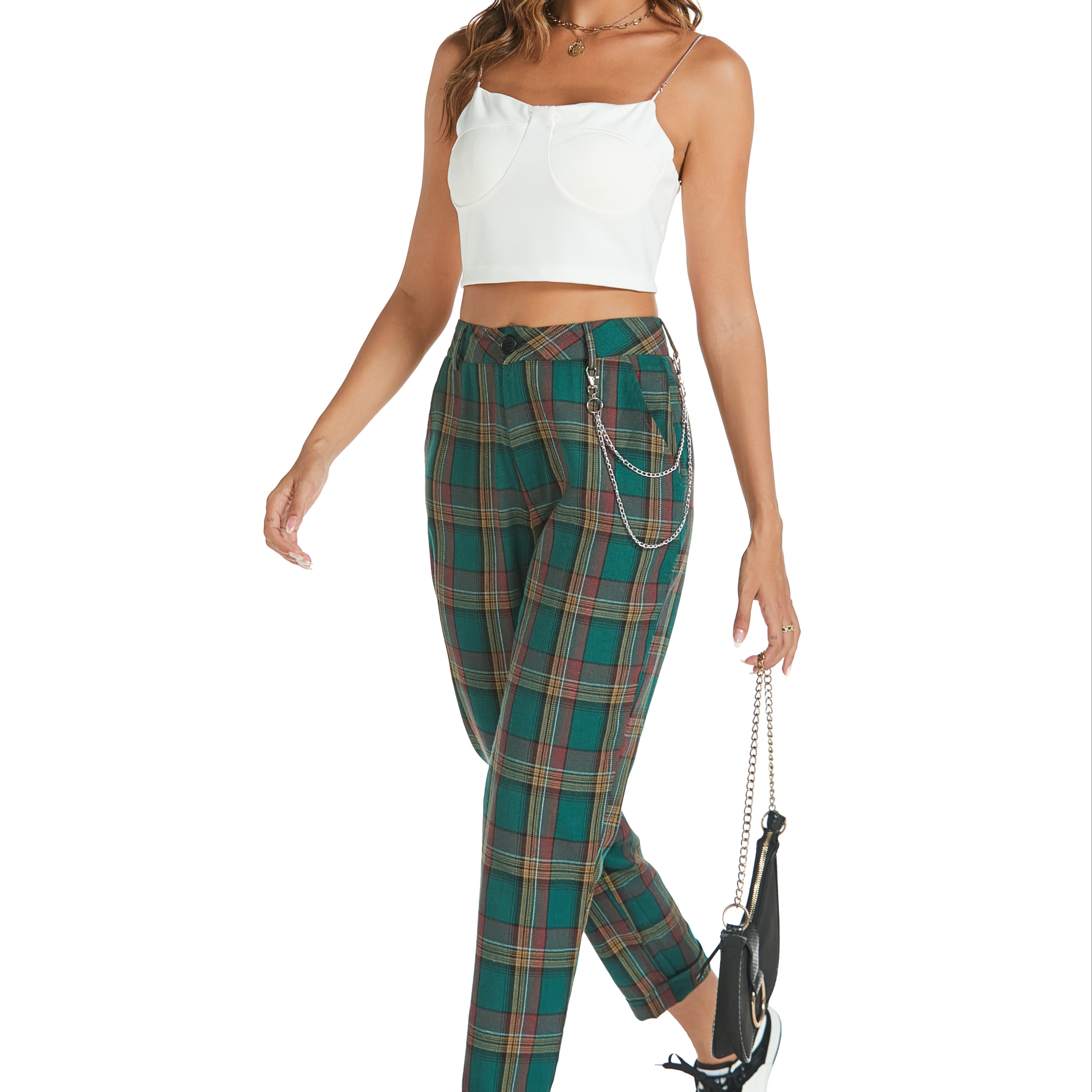 Sexy Gingham Elastic Leggings, Casual Plaid High Waist Fashion