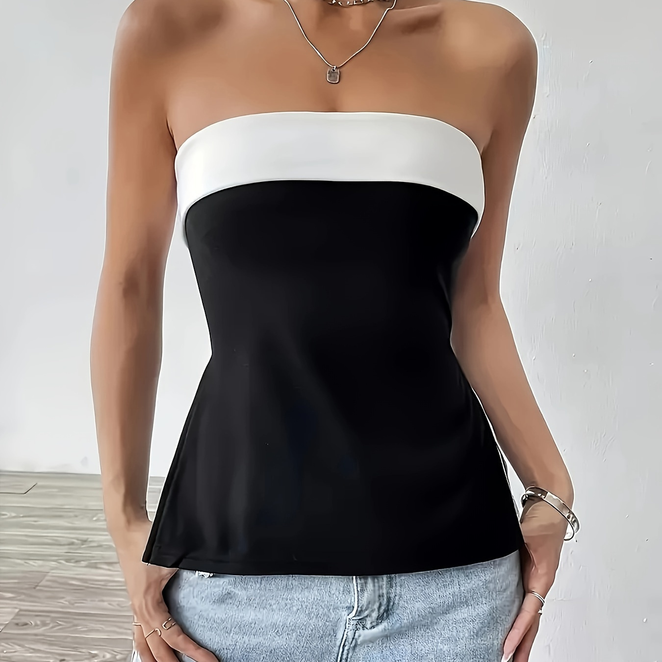 

Contrast Trim Split Hem Tube Top, Elegant Sleeveless Strapless Colorblock Slim Top, Women's Clothing