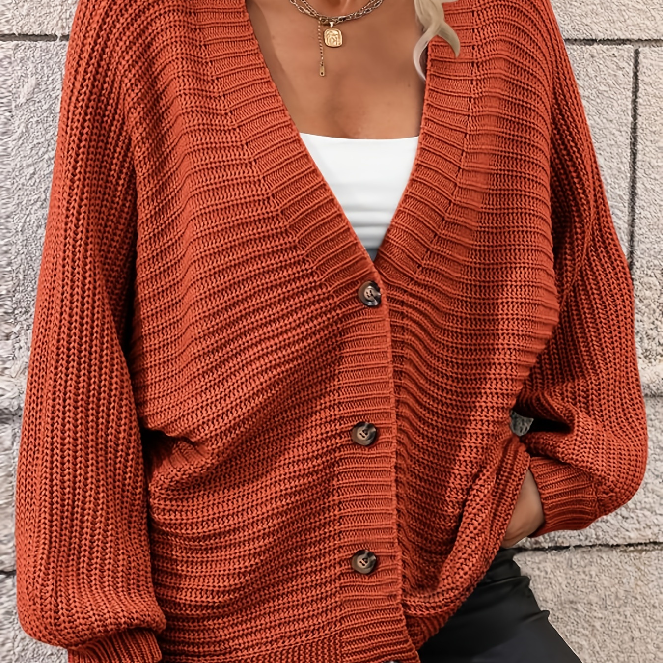 Plus Size Casual Cardigan, Women's Plus Solid Button Up Lantern Sleeve V Neck Cardigan