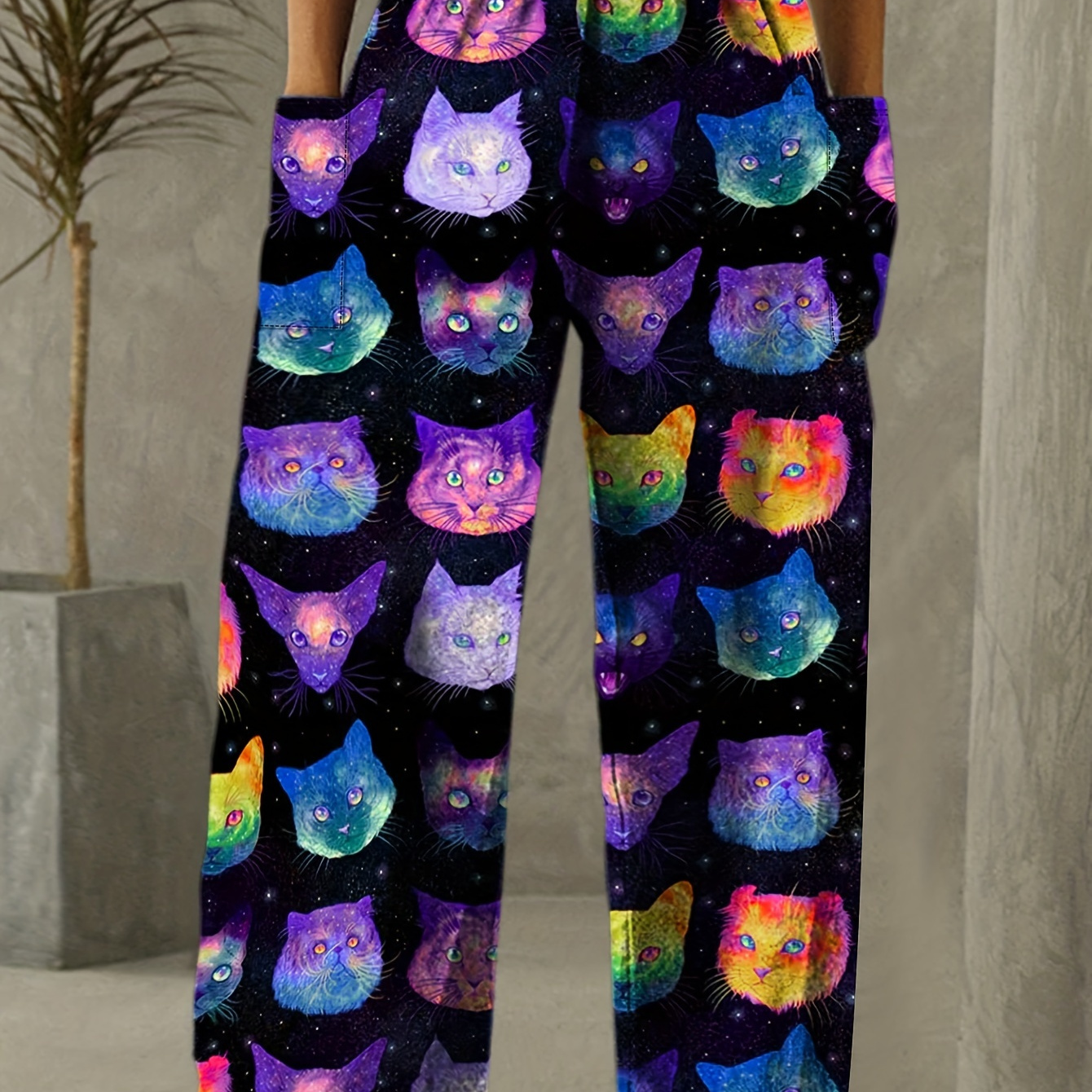 

Retro-inspired Magical Cat Pattern Wide-leg Pants - , Comfy Polyester With Waistband & Pockets, Machine Washable For Fashion