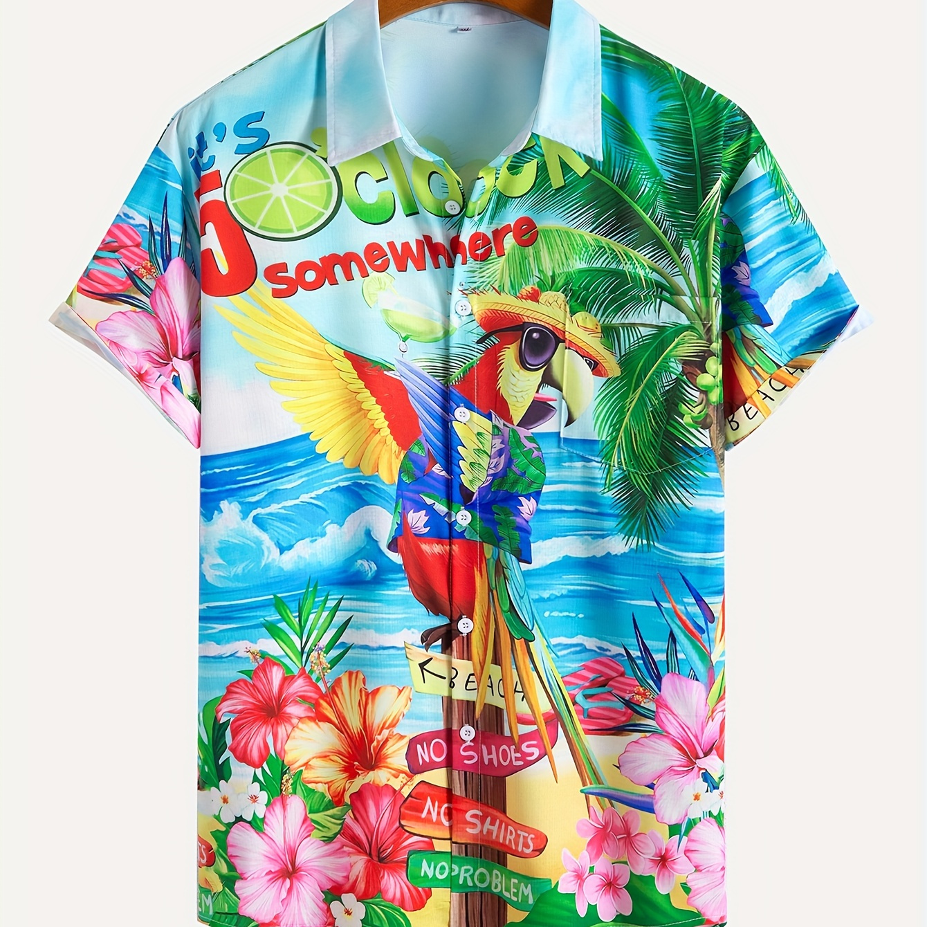 

Anime Style Seawave And Flower And Parrot Graphic Print, Men's Creative Short Sleeve Lapel Hawaiian Shirt, Summer Beach Holiday