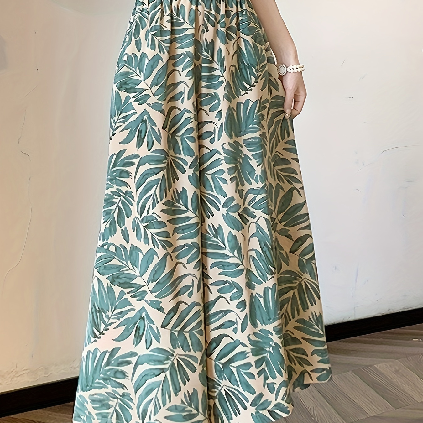 

Leaf Print Elastic Waist Shorts, Vacation Wide Leg Pants, Women's Clothing