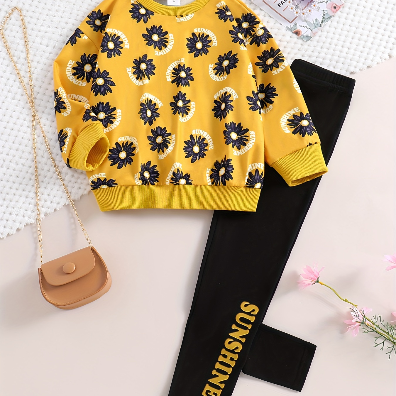 

Girl's 2pcs, Sweatshirt & Leggings Set, Sunflower Sunshine Print Long Sleeve Top, Casual Outfits, Kids Clothes For Spring Fall
