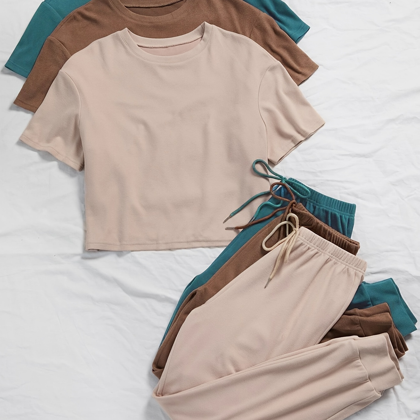 

3 Sets Women's Solid Color Lounge Set, Comfortable Tee & Tie Front Pants, Relaxed Fit Casual Wear, Multiple Colors Available