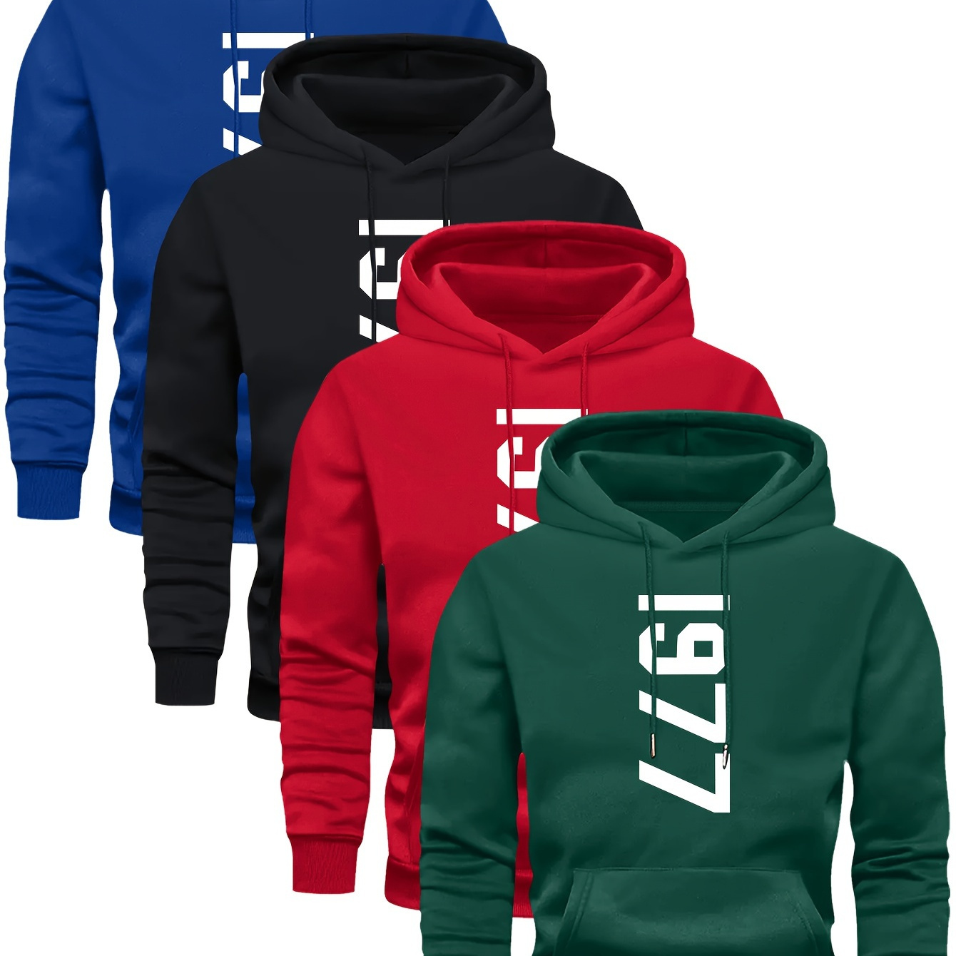 

4-pack Men's Casual Hooded Sweatshirts With Geometric Pattern, Long Sleeve, Regular Fit, Knit Fabric, Hooded Pocket, Polyester 100% - Spring/fall Collection