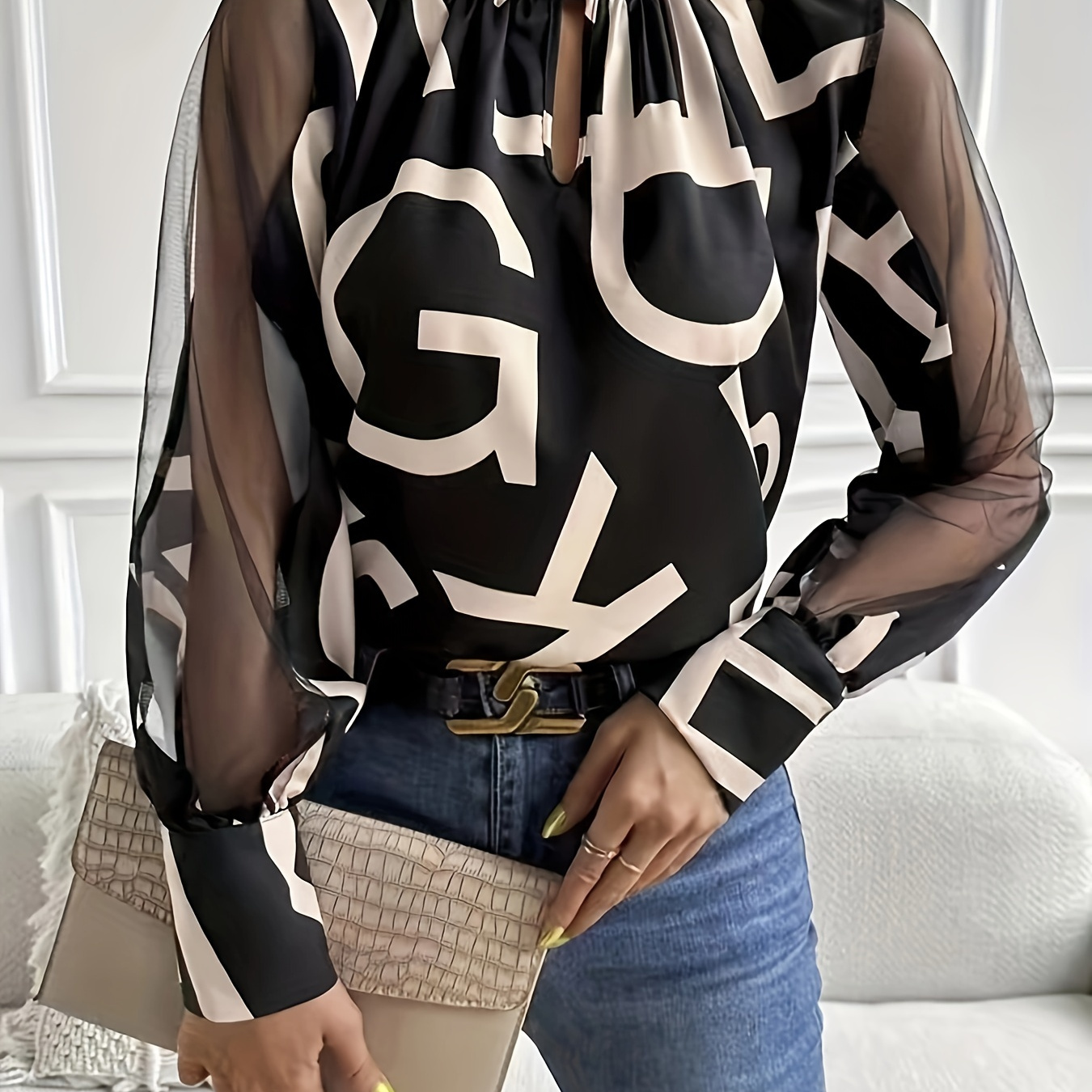 

Letter Print Keyhole Mock Neck Blouse, Casual Long Illusion Sleeve Blouse For Spring & Fall, Women's Clothing