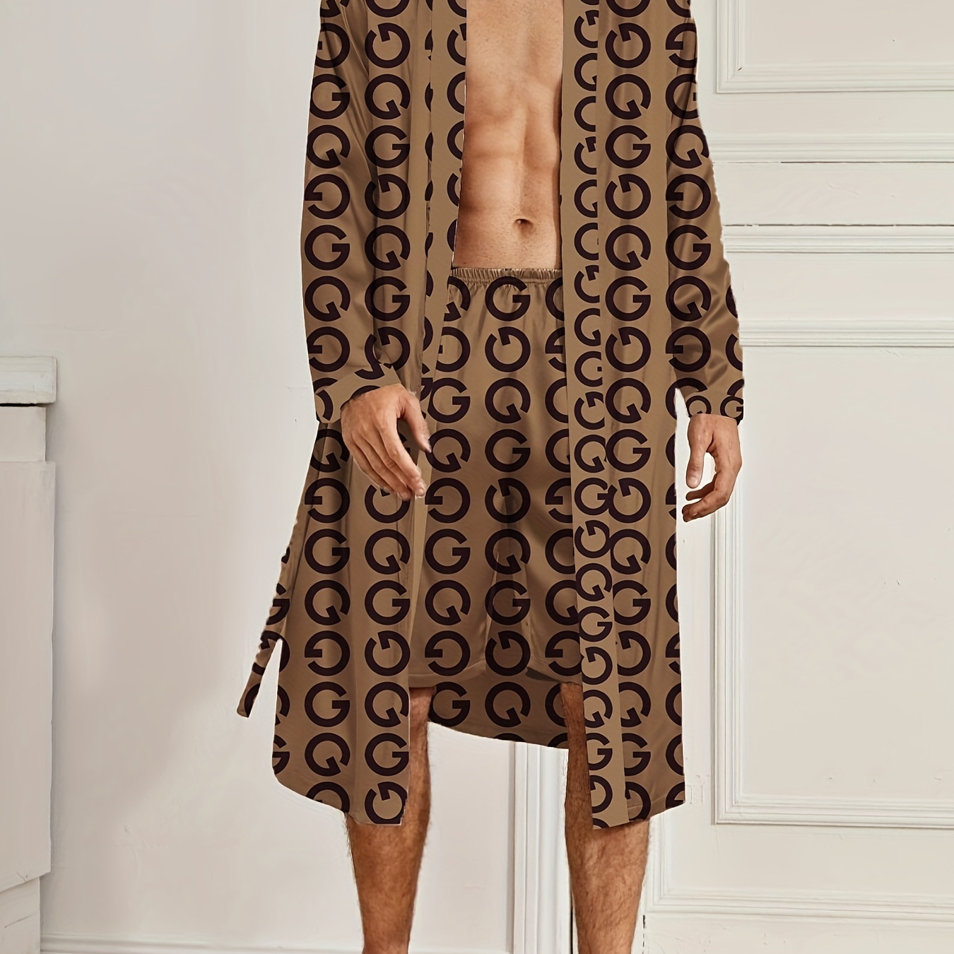 

Super-stylish Robe Set, New Men's Elegant Color G Pattern Long Sleeves Belt Bathrobe & Shorts, Must-have Sleepwear In Spring/summer/fall