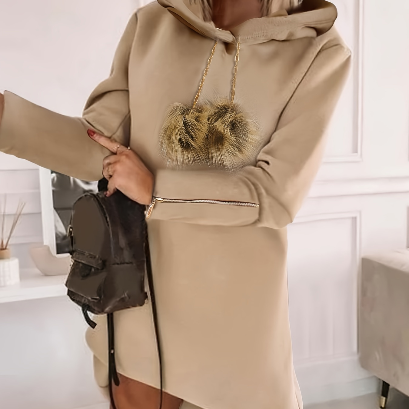 

Chic Hooded Dress With Pom-pom Detail - Casual Long Sleeve, Zip-up, Solid Color - Fall/winter - Machine Washable