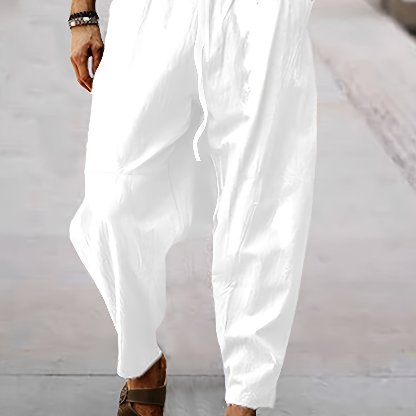 

Men's Solid Color Tapered Harem Pants With Drawstring Waist And Pockets For Spring, Summer & Fall