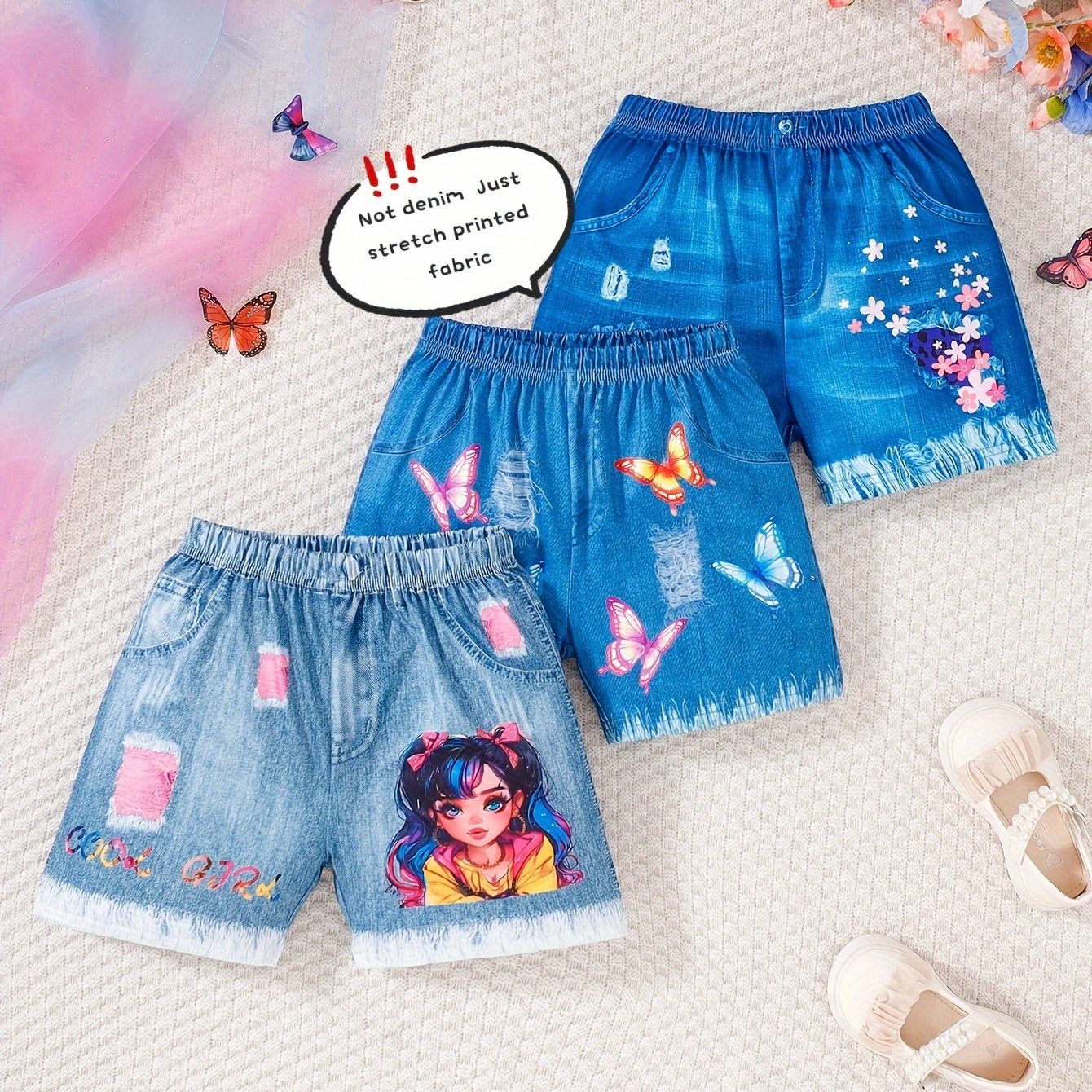 

Girls 3pcs/set Casual & Stylish Cartoon Girl & Butterflies & Imitation Denim Print Shorts For Summer