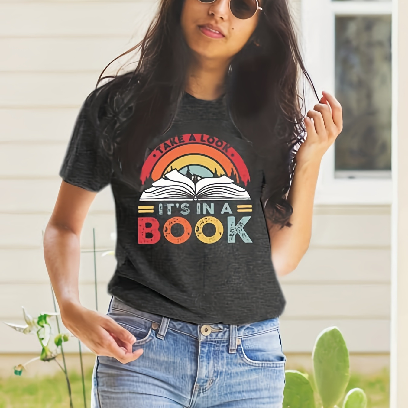 

Colorful Letter & Book Print T-shirt, Short Sleeve Crew Neck Casual Top For Spring & Summer, Women's Clothing