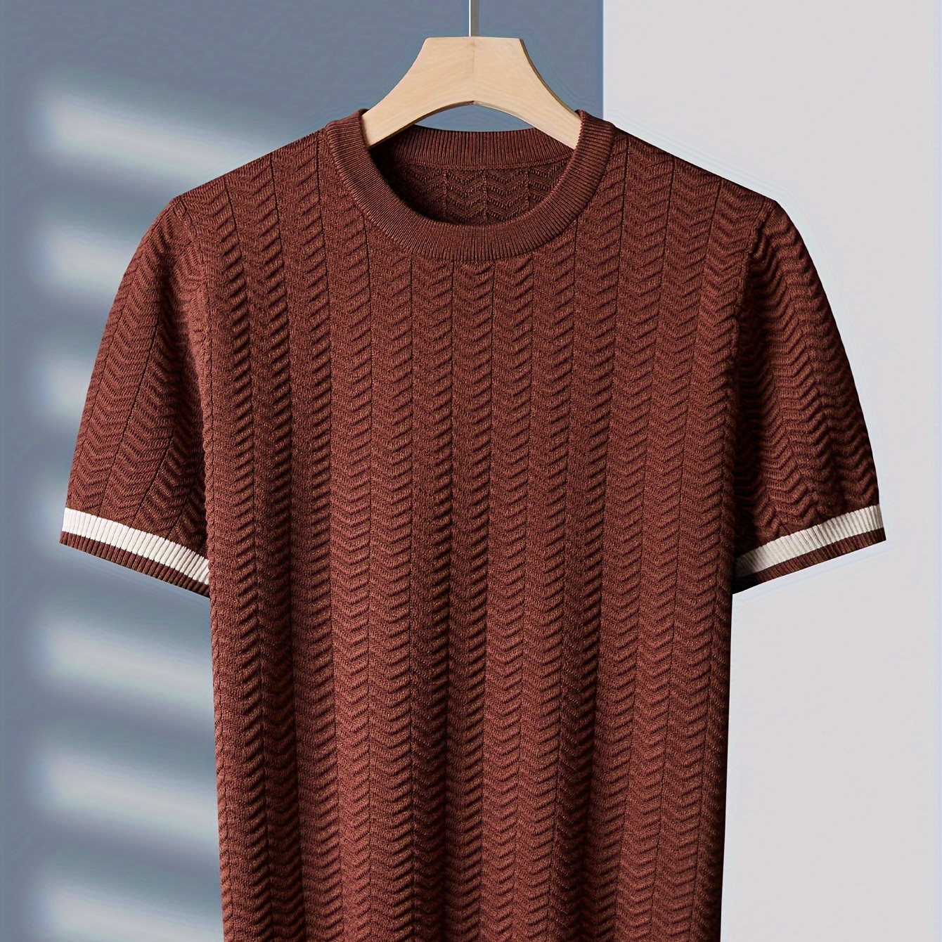 

Men's Striped Knitted Pullover, Short Sleeve Crew Neck Sweater For