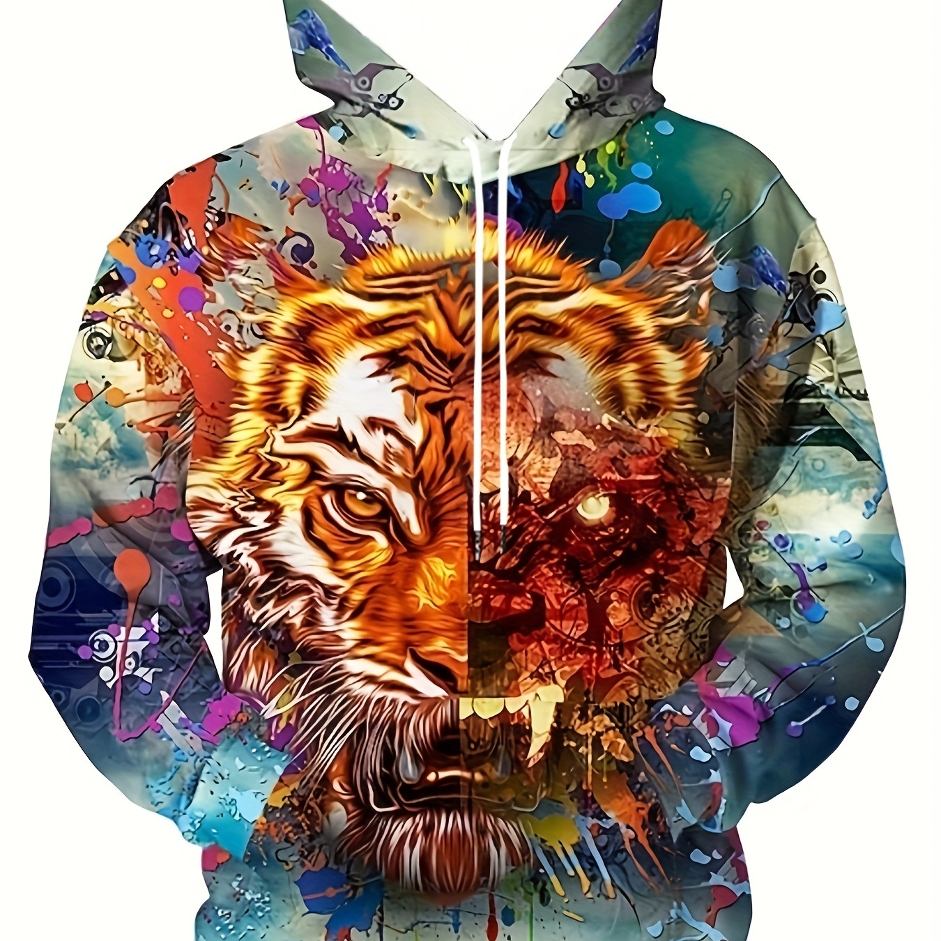 Plus Size Men's 3D Tiger Print Hoodies Oversized Hooded Sweatshirt For Spring/autumn, Men's Clothing