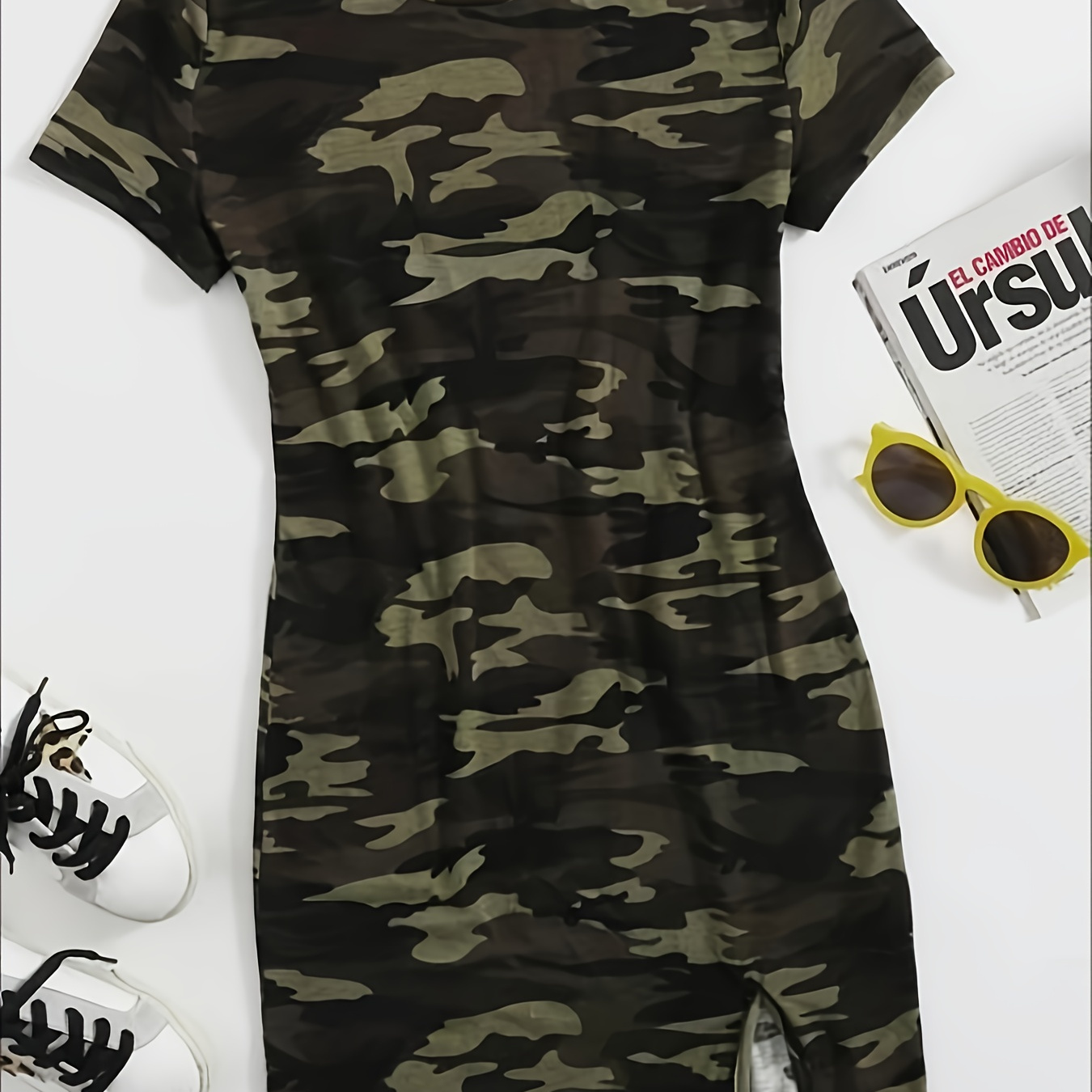 

Camo Print Crew Neck Dress, Casual Short Sleeve Split Bodycon Dress, Women's Clothing