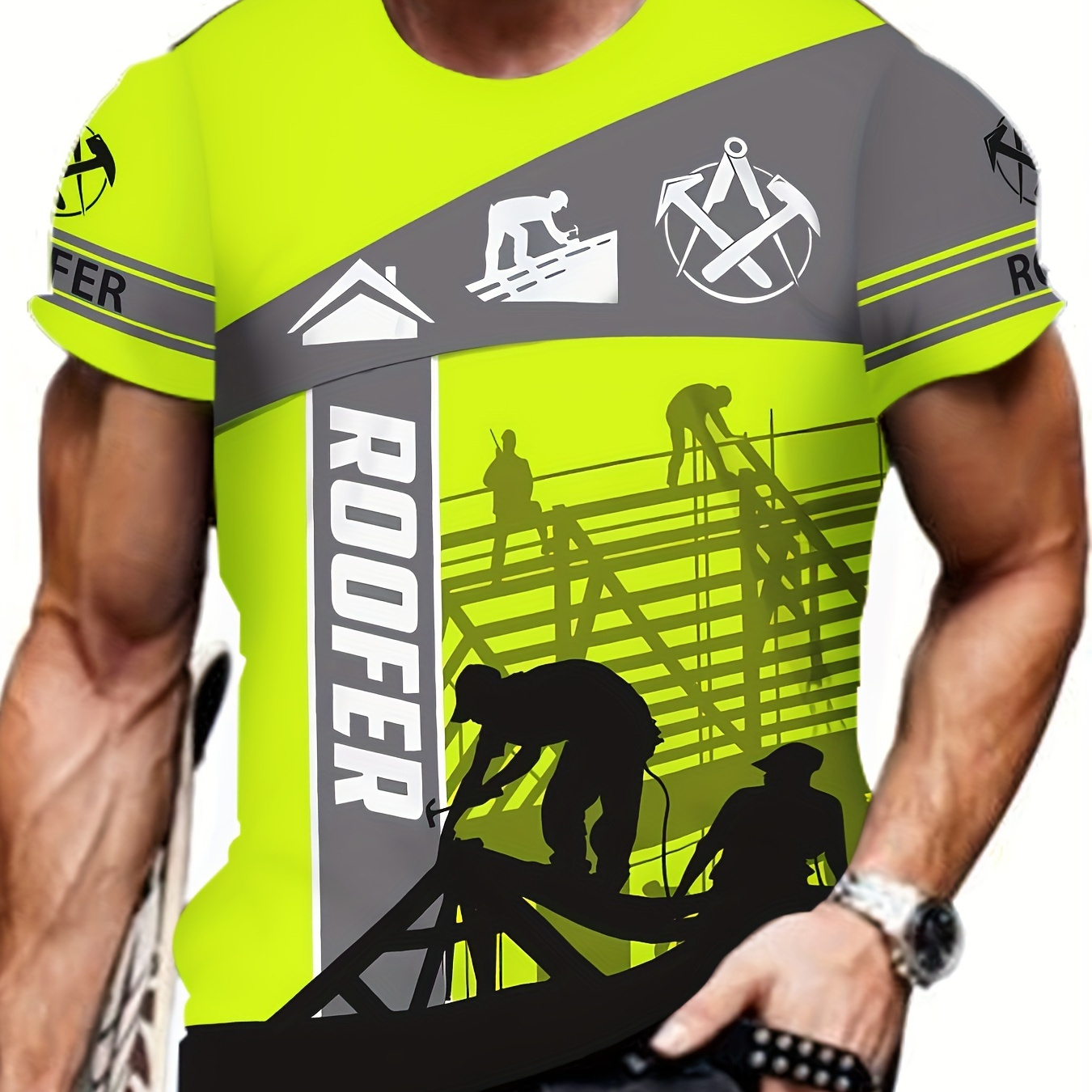 

Men's Worker Graphic Print T-shirt, Short Sleeve Crew Neck Tee, Men's Clothing For Summer Outdoor
