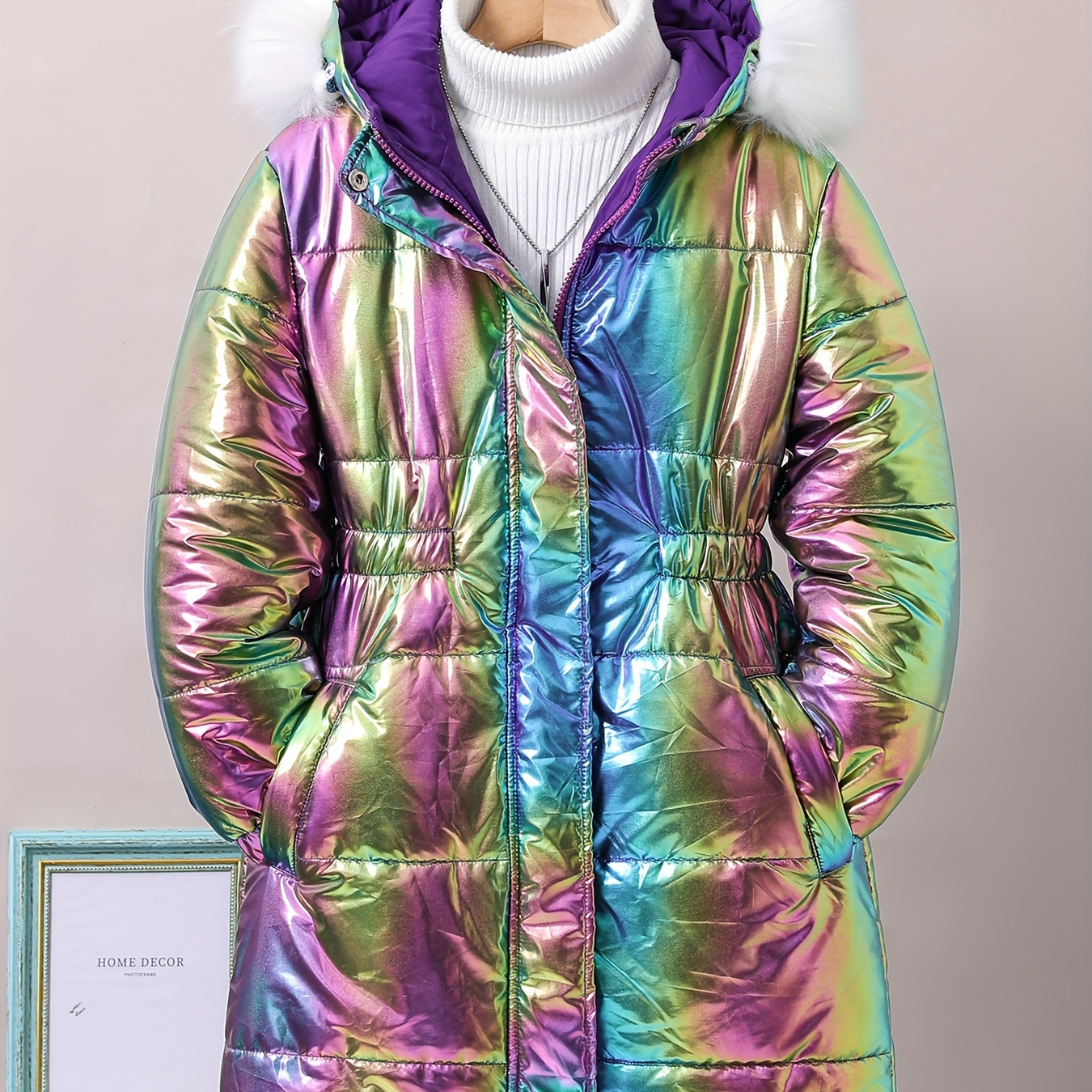 Girls Colorful Glossy Hooded Faux Fur Collar Cotton-padded Parka Jacket Overcoat, Autumn And Winter