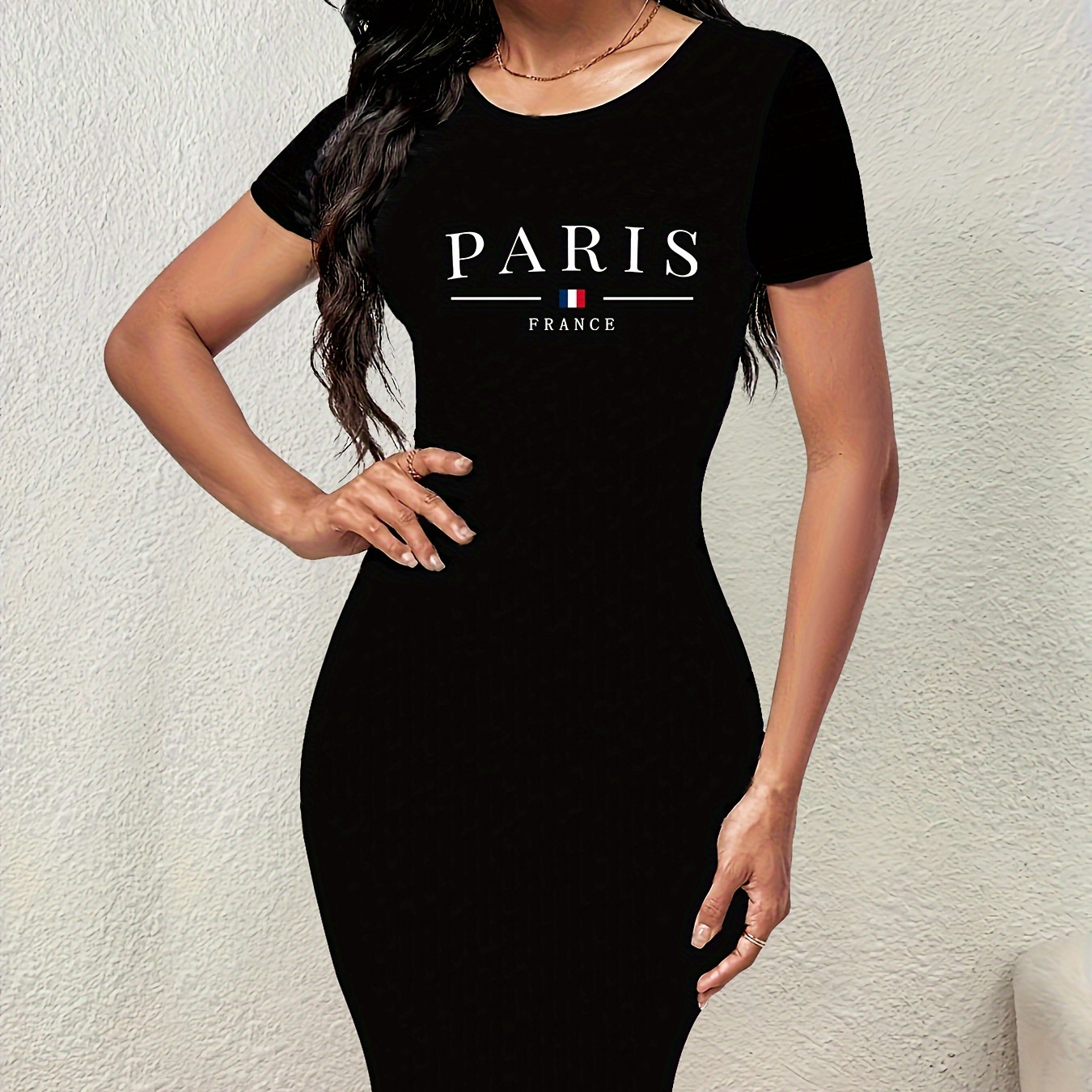 

Paris Print Crew Neck Dress, Elegant Bodycon Short Sleeve Dress For Spring & Summer, Women's Clothing