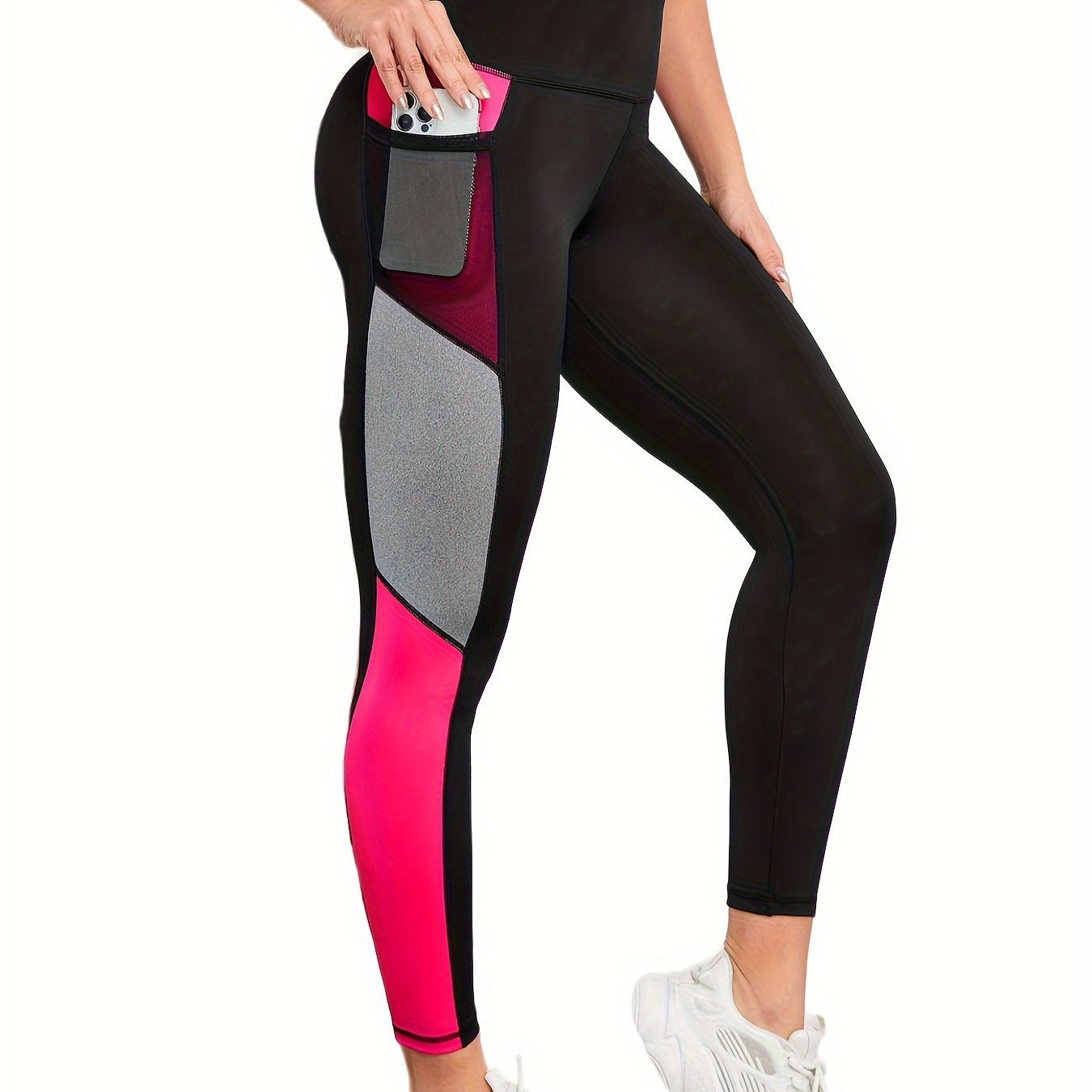 

Women's High-waist Color Block Yoga Pants, Slim Fit Butt Lifting Athletic Leggings With Mesh Pocket, Breathable Quick-dry Running Tights For Workout And Dance