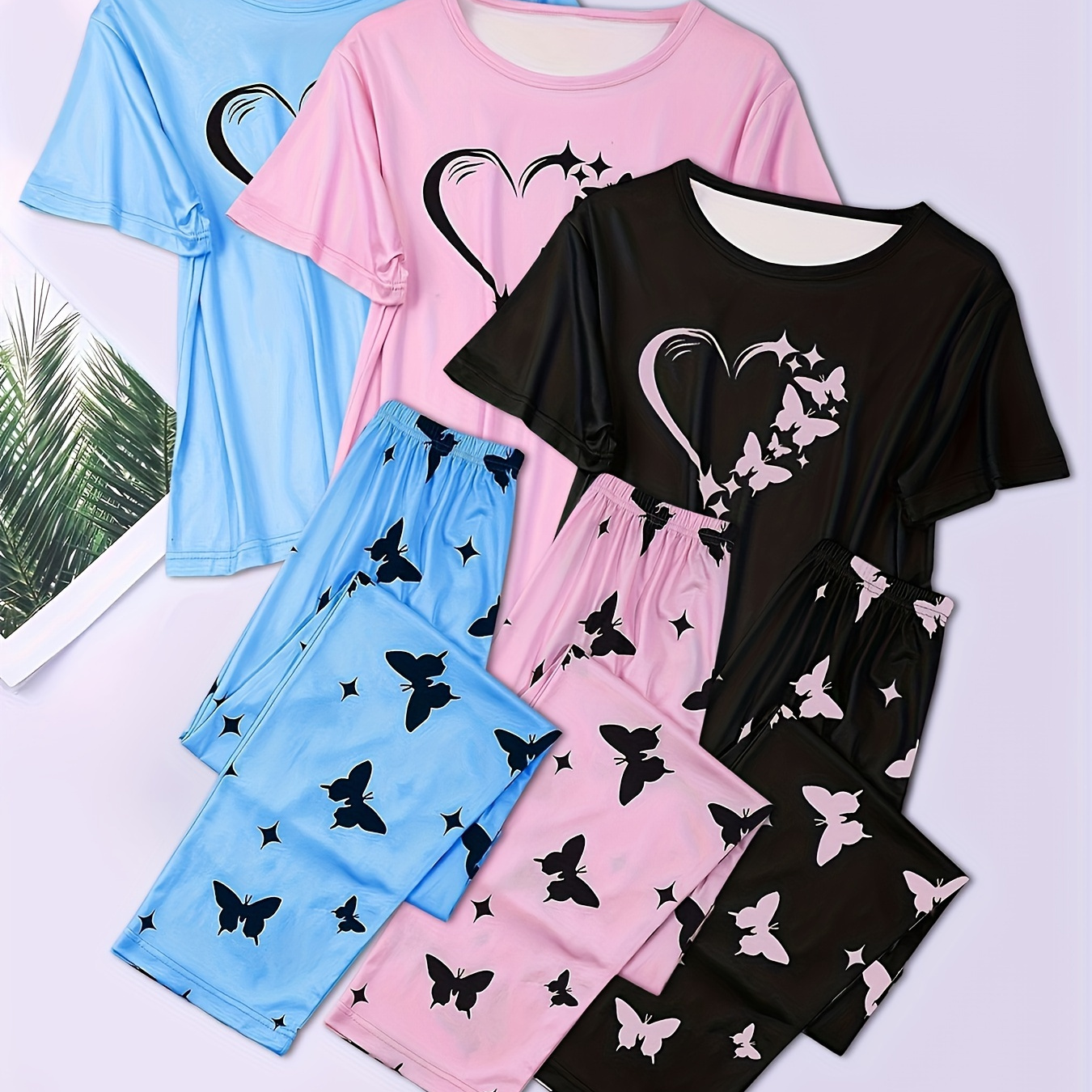 

3 Sets Women's Heart & Butterfly Print Casual Pajama Set, Short Sleeve Round Neck Top & Pants, Comfortable Relaxed Fit