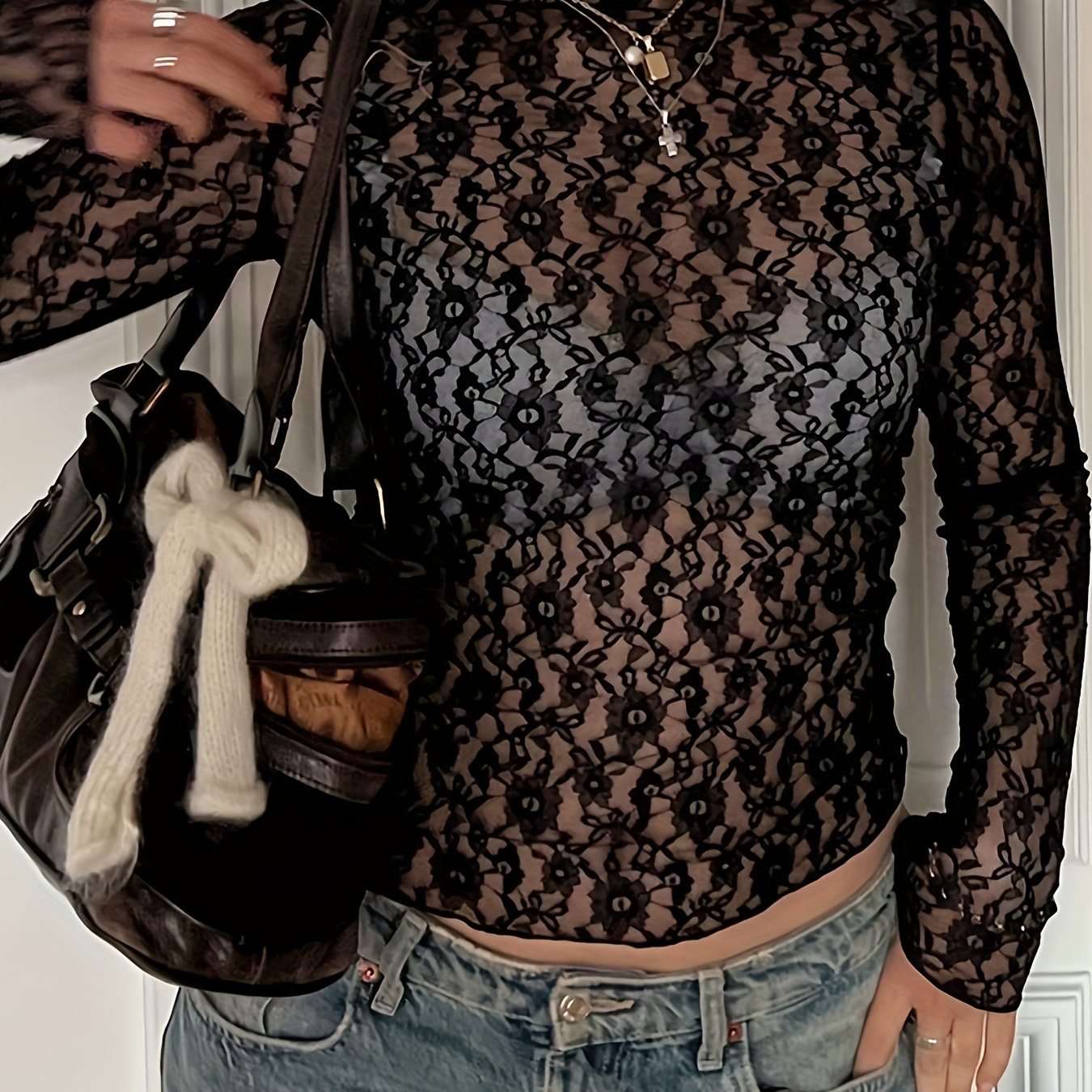 

Floral Lace Crew Neck T-shirt, Sexy Long Sleeve Slim T-shirt For Spring & Fall, Women's Clothing