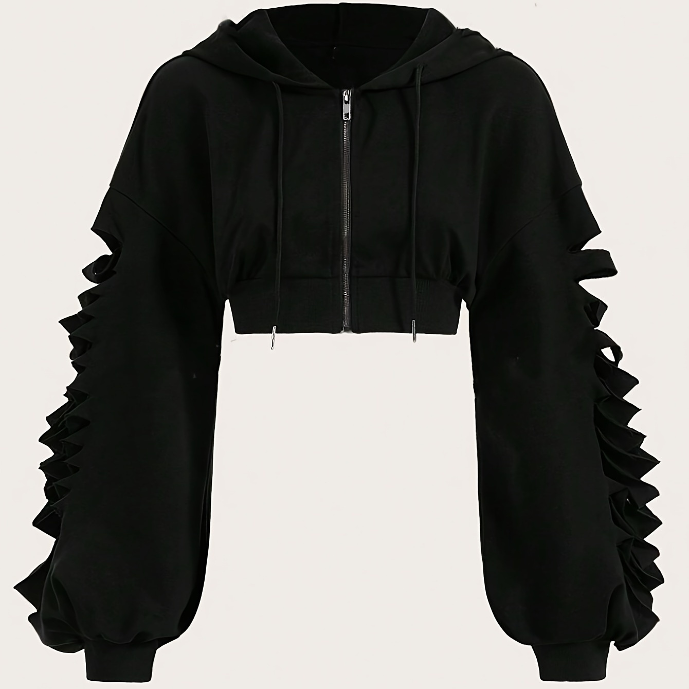 

Cut Out Zip-up Drawstring Hoodie, Stylish Solid Color Long Sleeve Crop Jacket, Women's Clothing