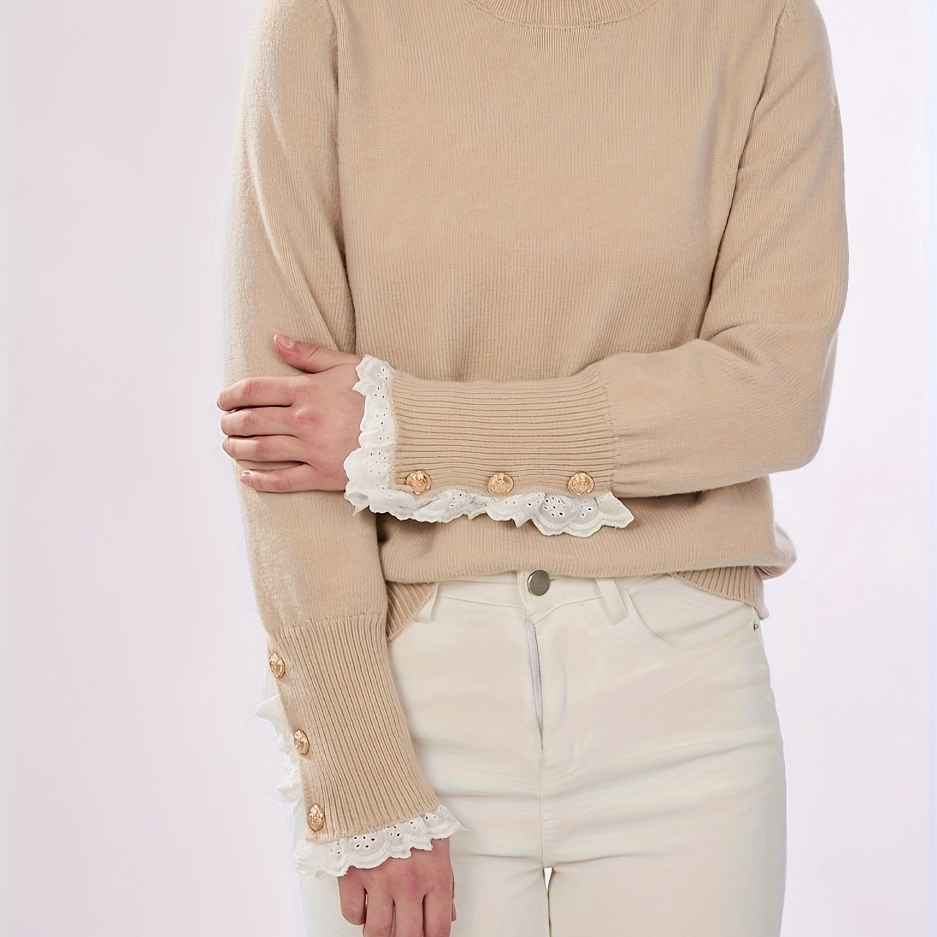

Sweat à Capuche Tricoté avec Bordure en Dentelle pour Automne et Hiver
