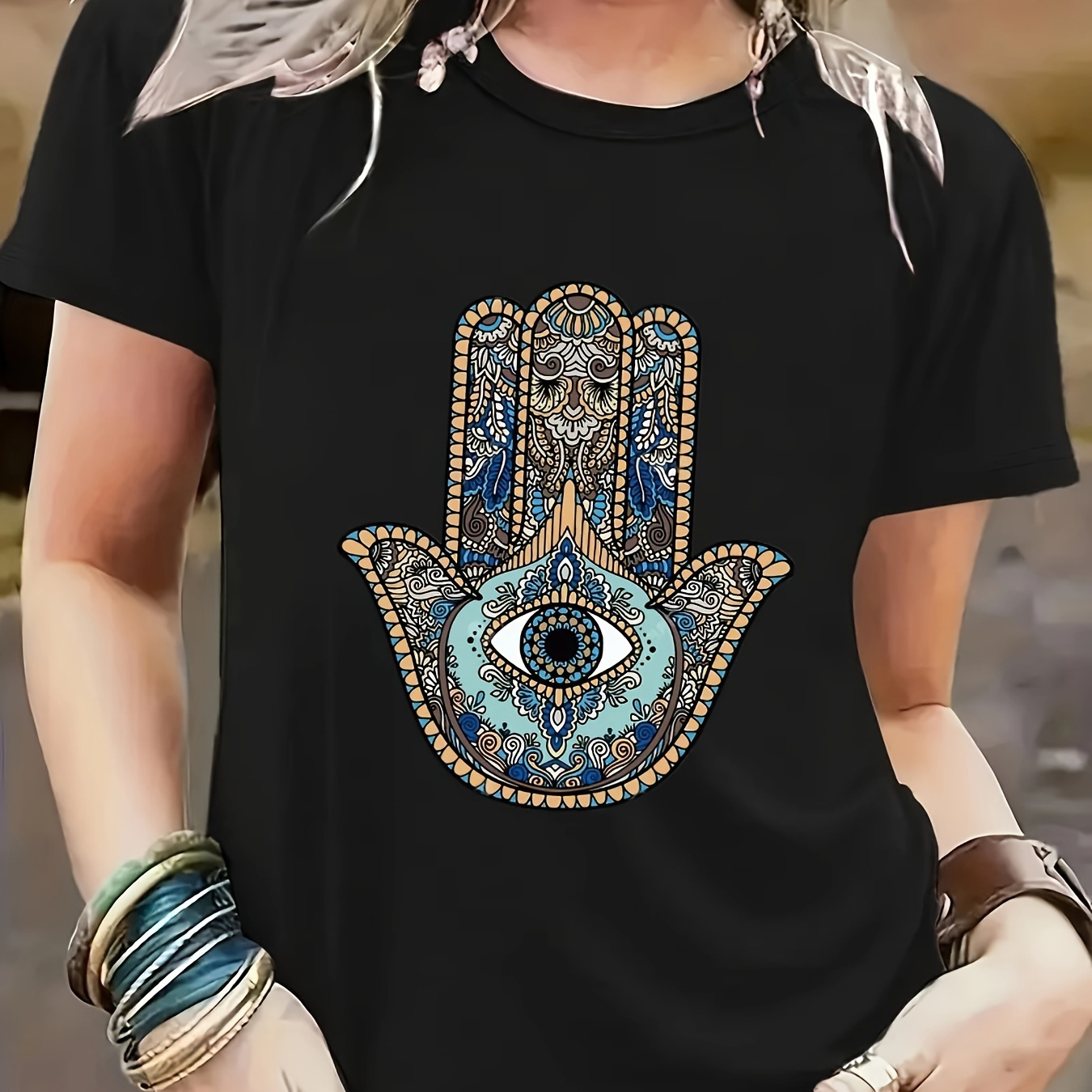 

Eye & Palm Print Crew Neck T-shirt, Casual Short Sleeve T-shirt For Spring & Summer, Women's Clothing