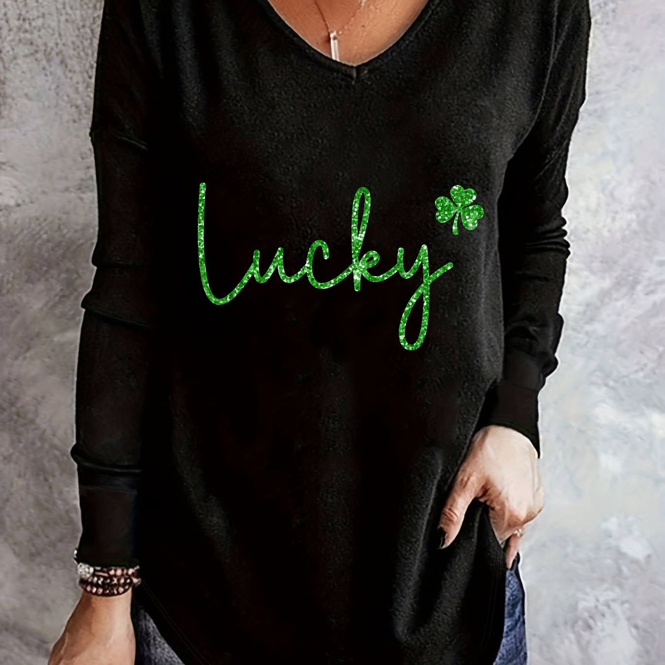 

Lucky Clover Print T-shirt, Casual Long Sleeve V Neck Top For Spring & Fall, Women's Clothing