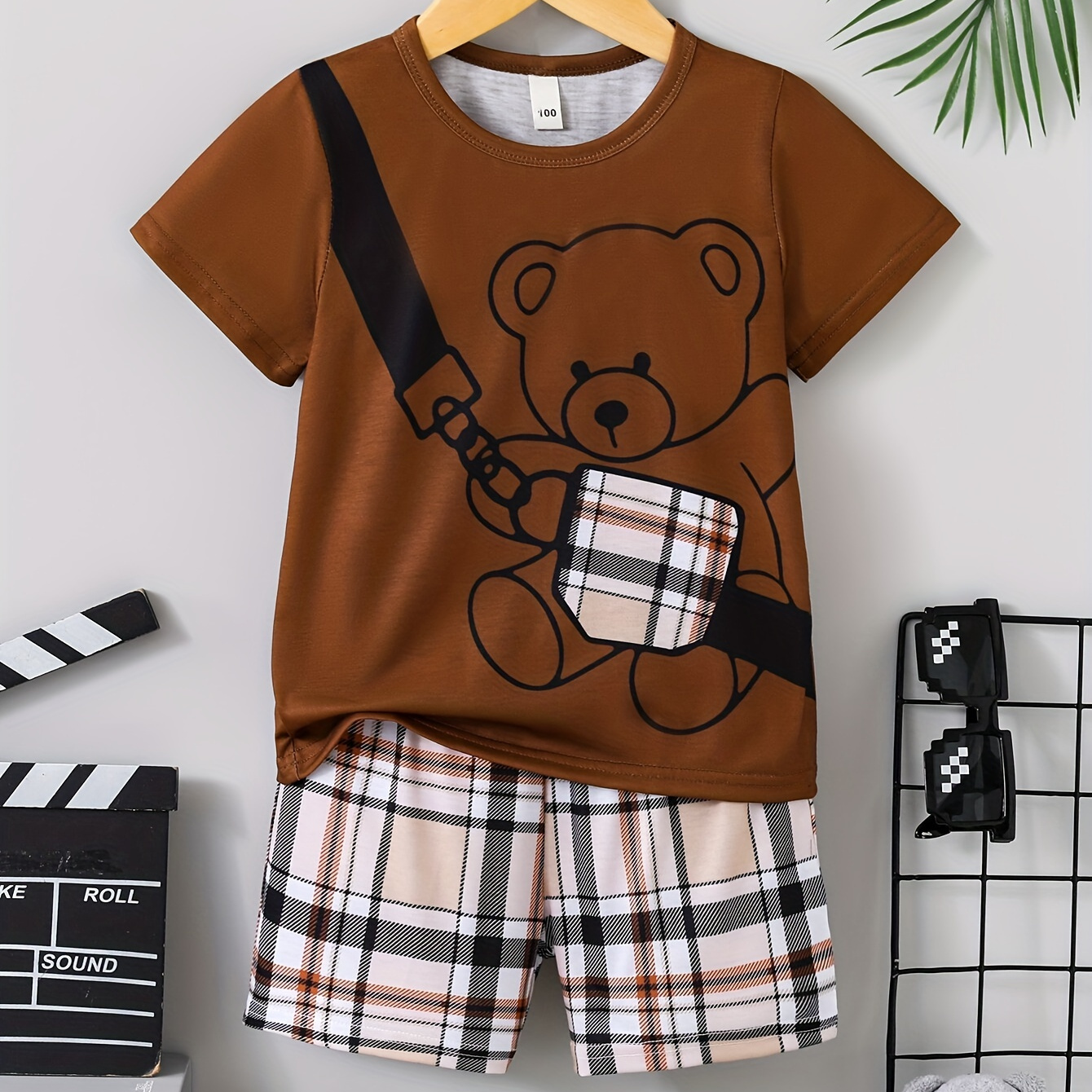 

2pcs Boys Casual Cute Bear Print Comfortable Versatile Short Sleeve T-shirt & Plaid Shorts Set, Cool, Lightweight And Comfy Summer Clothes!