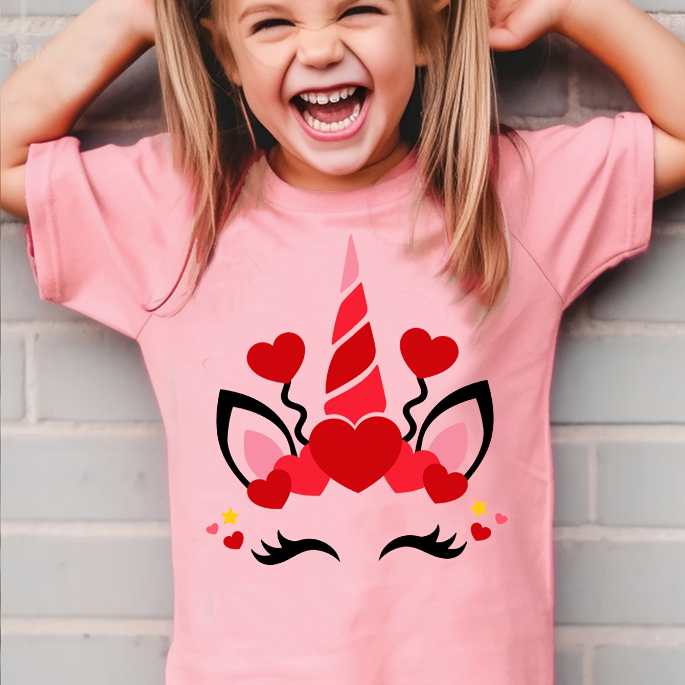 

1pc Chicfull Valentine's Day Tx31237 Girls' Heart Print T-shirt, Casual Crew Neck Knit Top With Slight Stretch, Cartoon Pattern, Polyester 100%, Regular Fit For Spring/summer