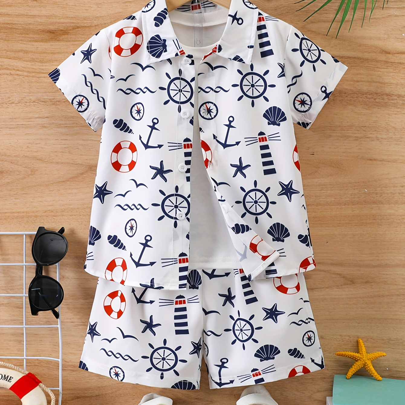 

2pcs Boys Seaside Anchor And Wheel Graphic Print Short Sleeve Lapel Shirt & Shorts Set, Comfy Summer Boys Clothing