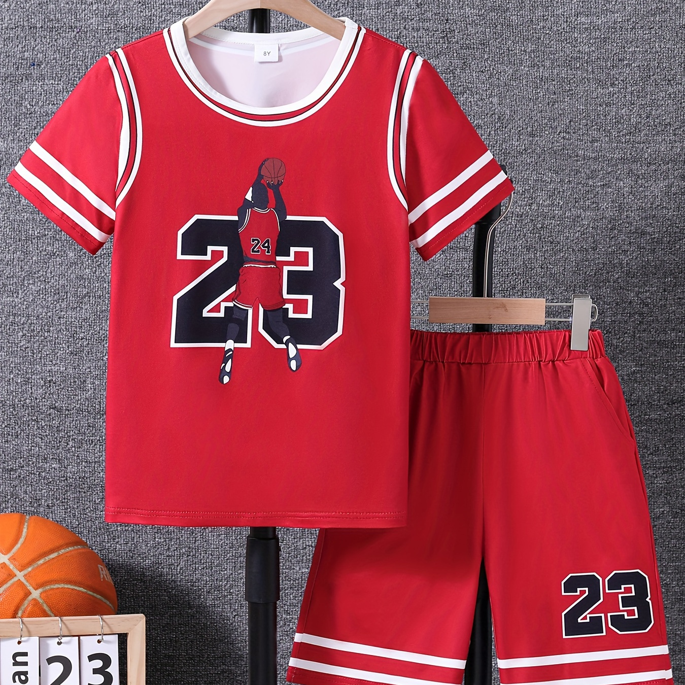 

2pcs Boys Casual Short Sleeve Basketball Jersey Set, T-shirt & Shorts Set, Comfy Summer Boys Clothes