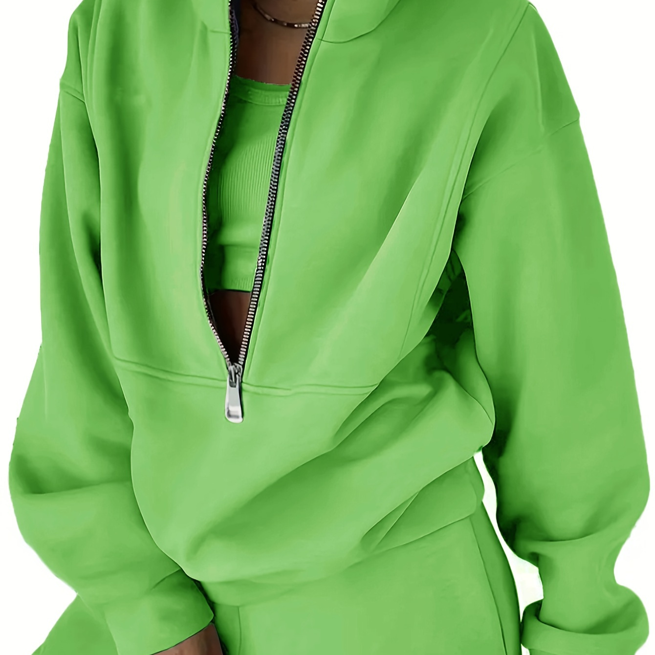 

Casual Solid Two-piece Set, Zip Up Stand Collar Sweatshirt & Sweatpants Outfits, Women's Clothing