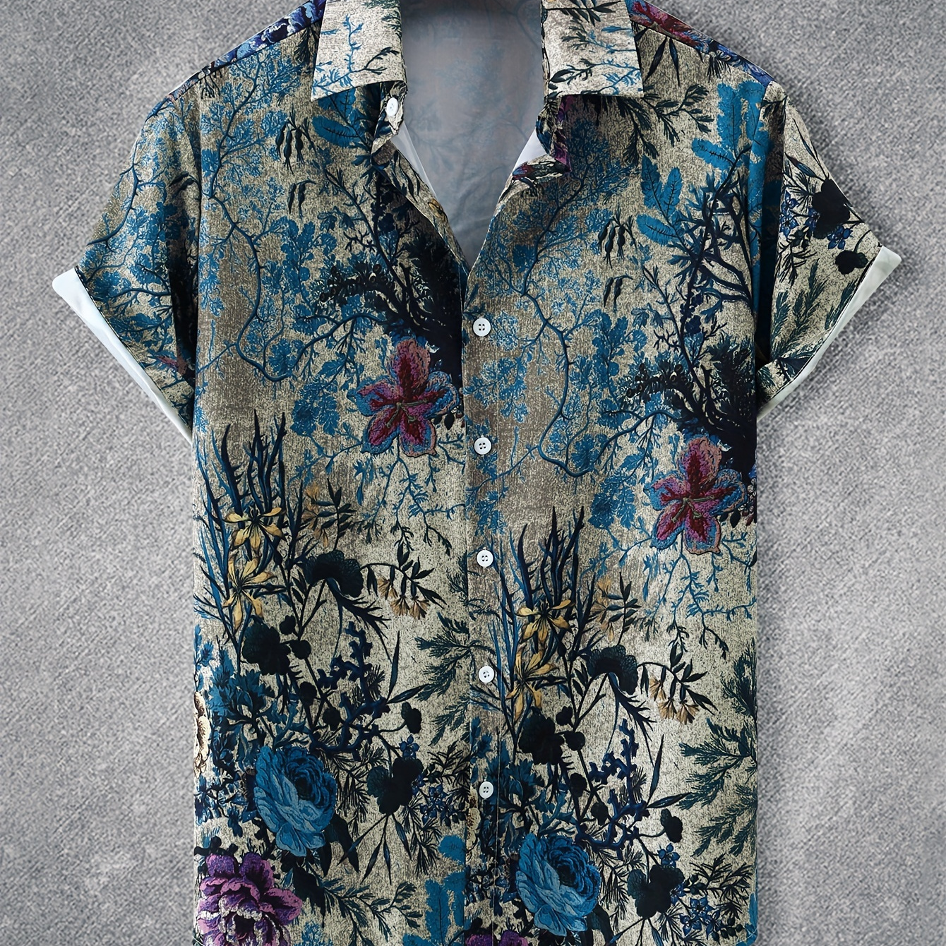 

Men's Novelty Floral Print Short Sleeve Button Down Lapel Shirt, Fashionable Botanical Design Breathable Summer Hawaiian Shirt, Perfect For Summer Leisurewear