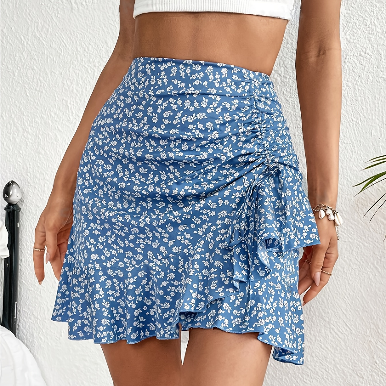 

Floral Print Ruffle Hem Skirt, Vacation Style Bodycon Drawstring High Waist Skirt For Spring & Summer, Women's Clothing