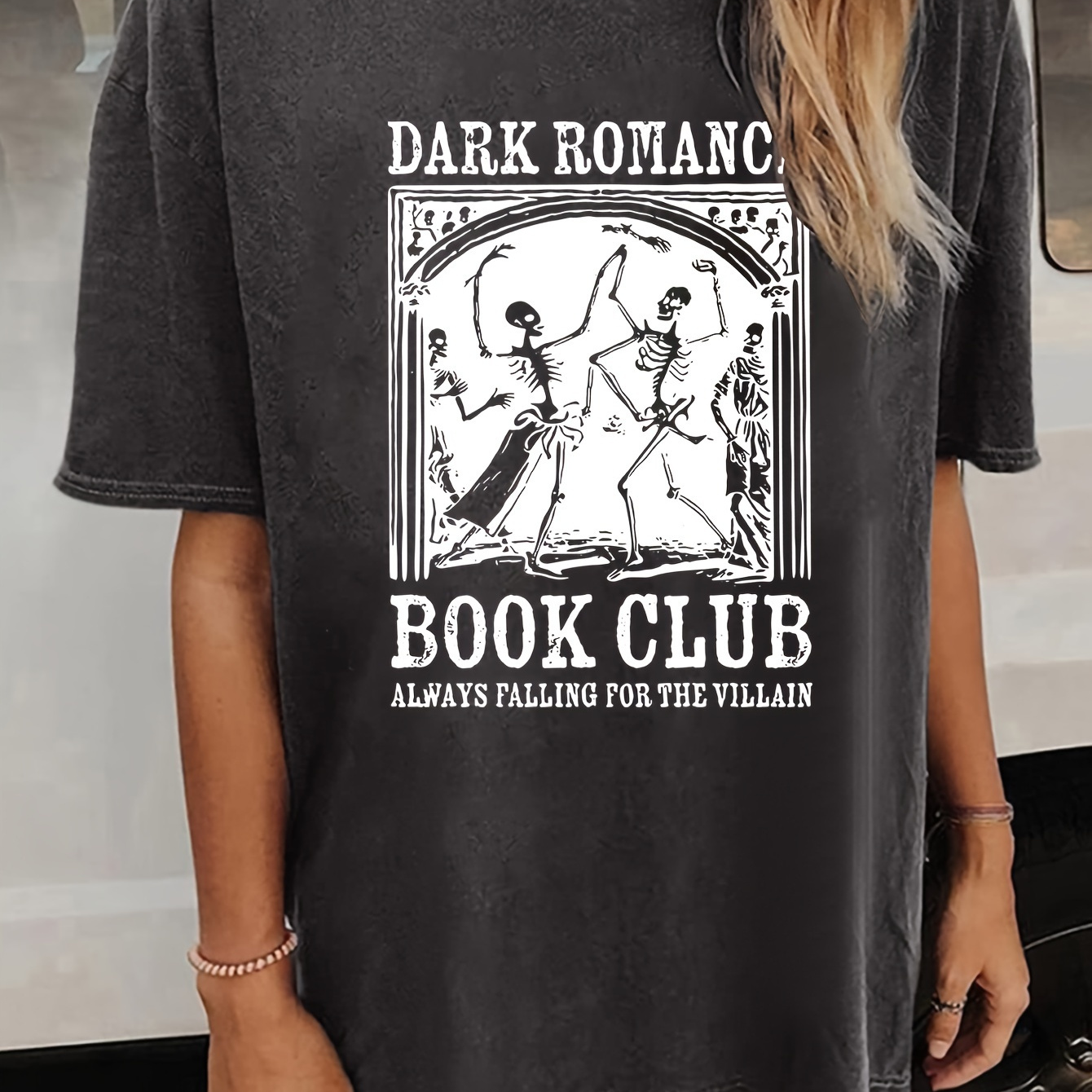 

Book Club Graphic Tee - Women's Polyester Blend Drop Shoulder Short Sleeve Crew Neck T-shirt With Skeleton Dance Print - Casual Young Style Knit Top For Summer