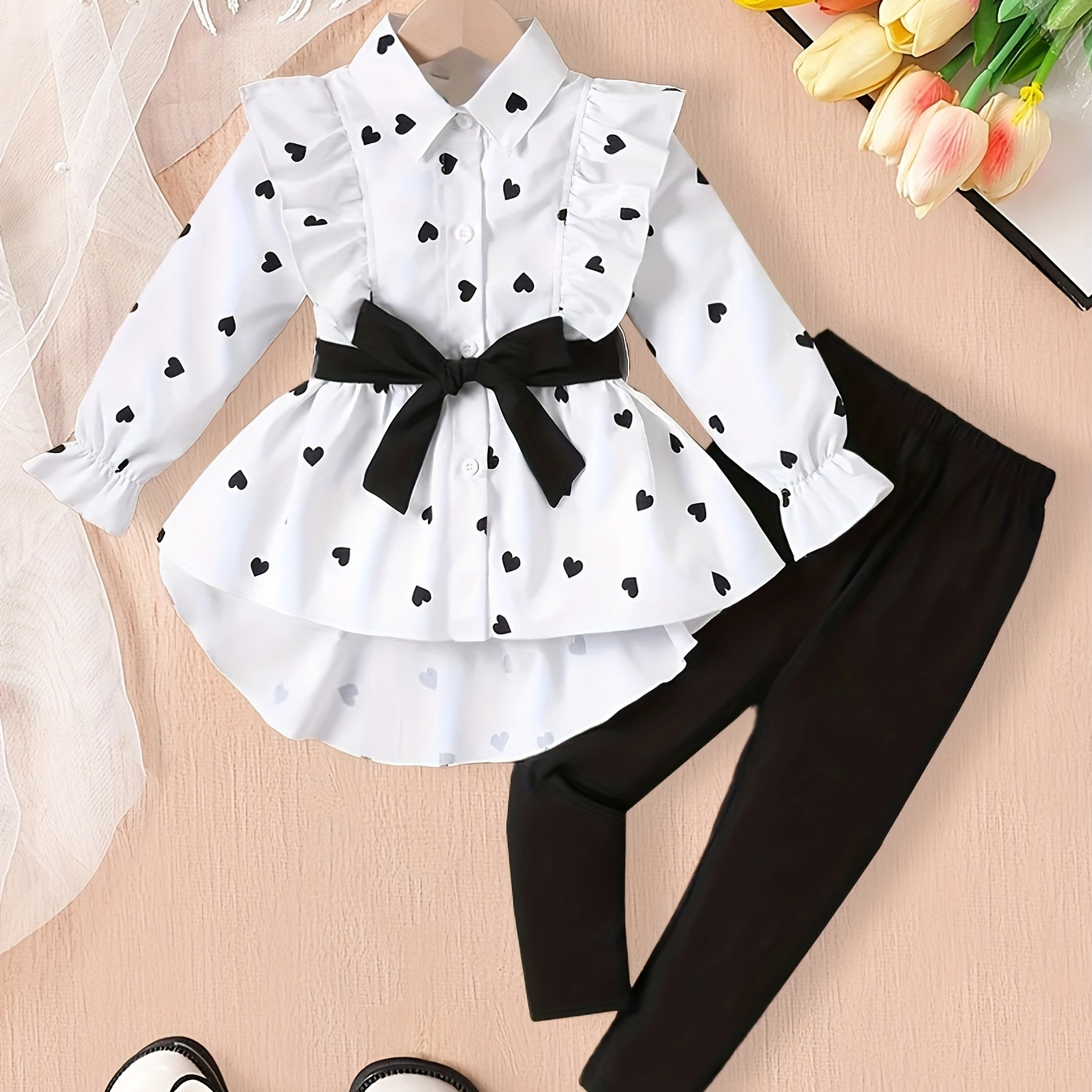 

2pcs Girls Set, Elegant Dots Long Sleeve Shirt Top + Trousers - Spring/fall Clothes, Sweet Fashion Outfits