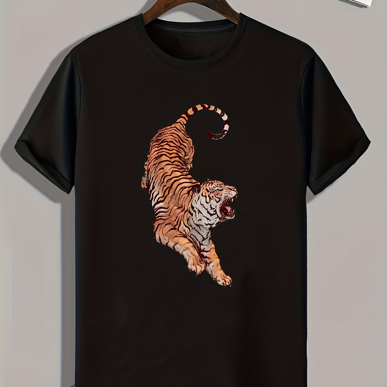 

Fierce Tiger Print, Men's Trendy Comfy T-shirt, Active Slightly Stretch Breathable Tee For Outdoor Summer