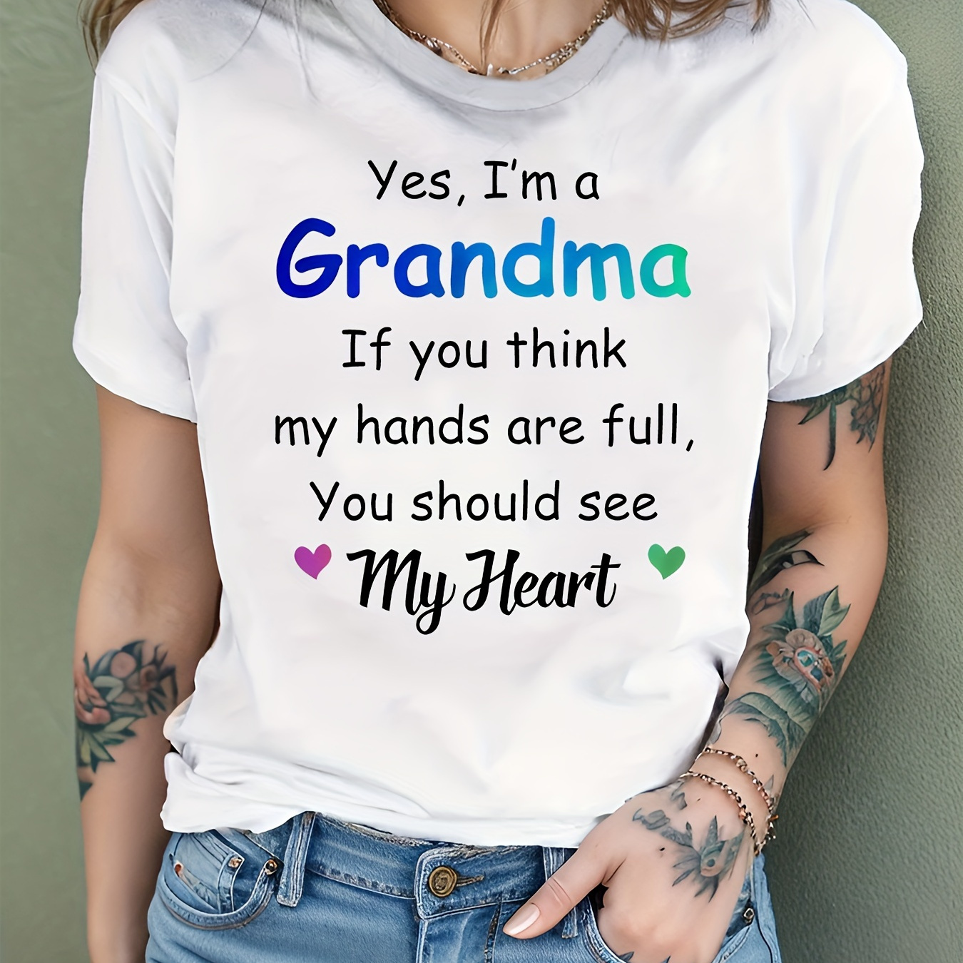 

Mother's Day "yes, I'm A Grandma" Letter Print Short Sleeve T-shirt, Women's Stretch Crew Neck Casual Tee, Women's Activewear