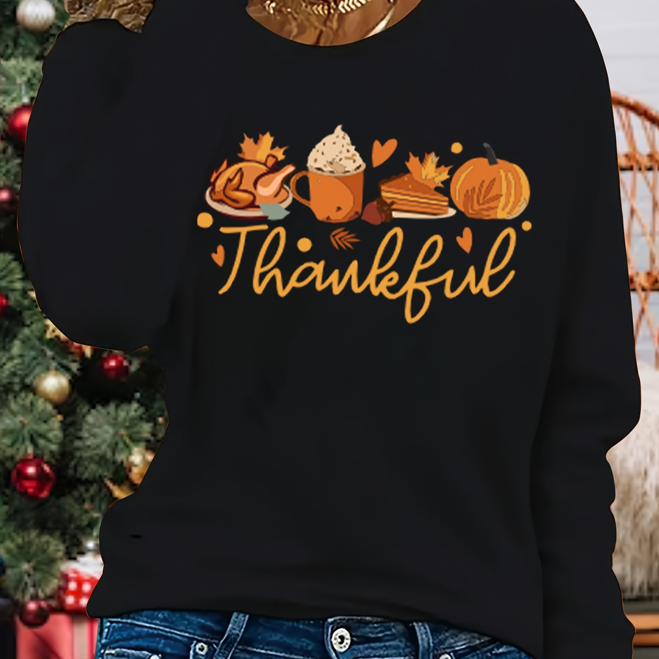 

Pumpkin Print Long Sleeve Crew Neck T-shirt - 100% Polyester Knit Fabric, Fall Tee With Medium Stretch, Women's Regular Fit Top With Alphabet Pattern