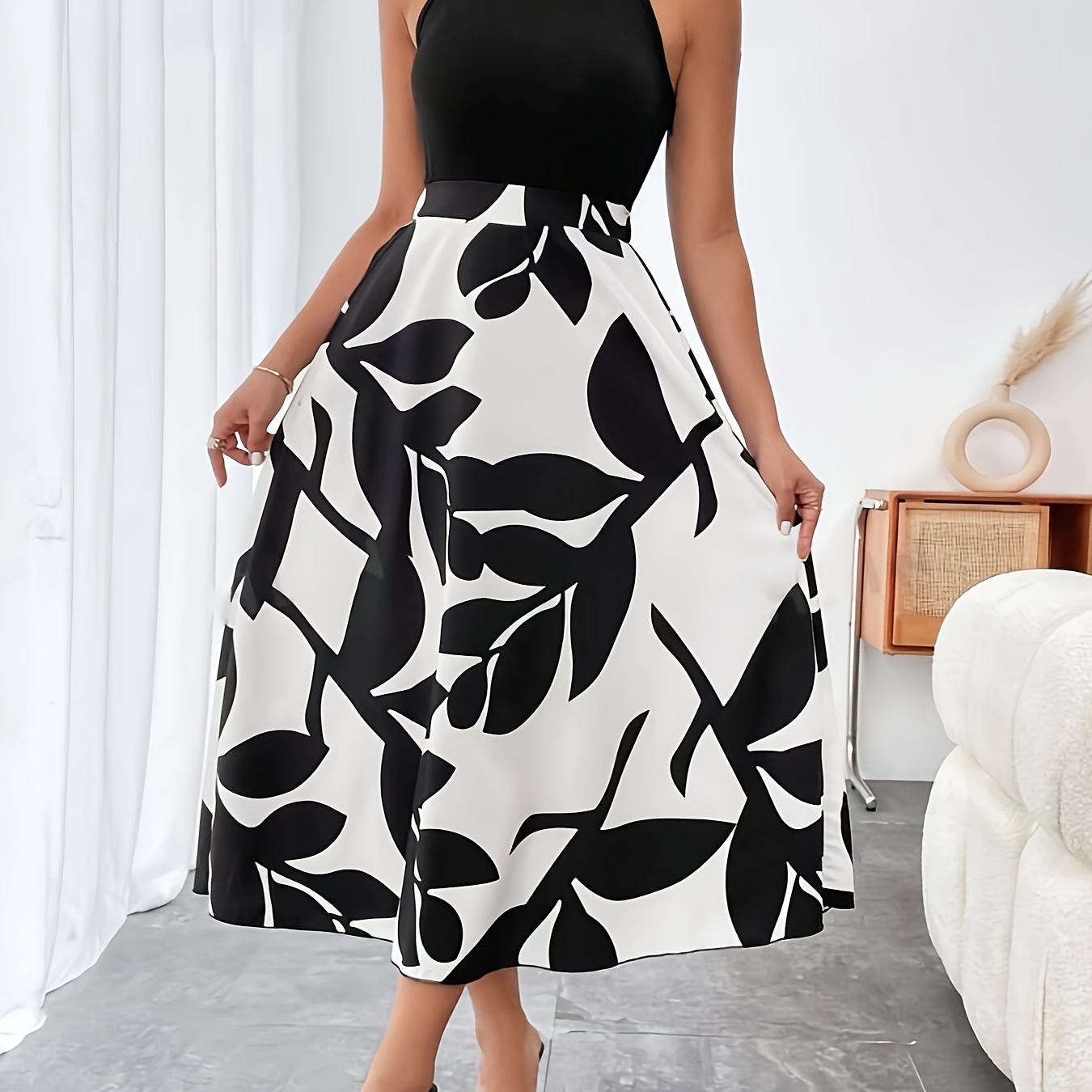 

Plant Print Halter Neck Dress, Elegant Sleeveless Flared Midi Dress For Spring & Summer, Women's Clothing For Elegant Dressing