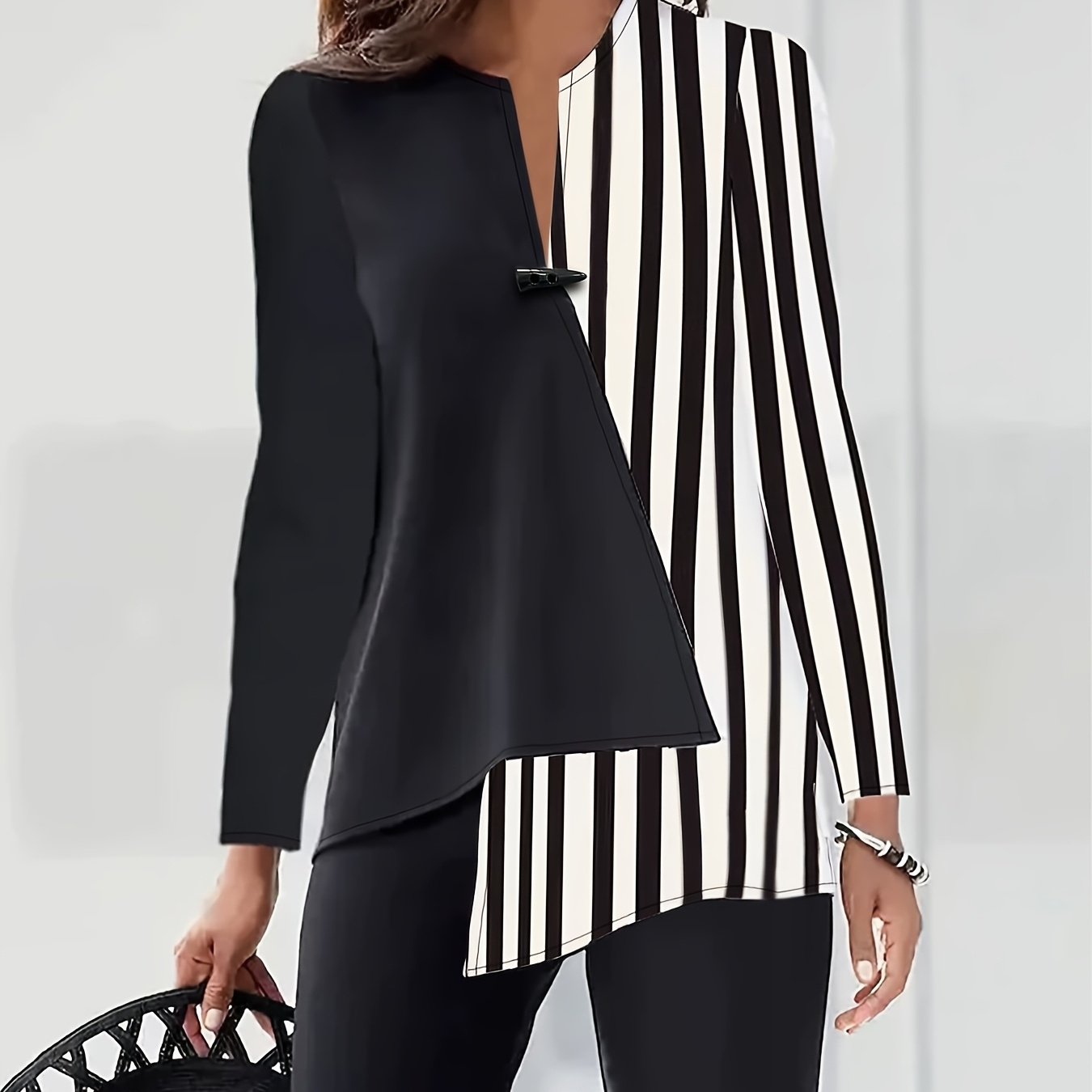 

1pc Size V-neck Striped Asymmetrical Design Polyester Shirt - Non-stretch Woven Fabric, Chic Shirting Top