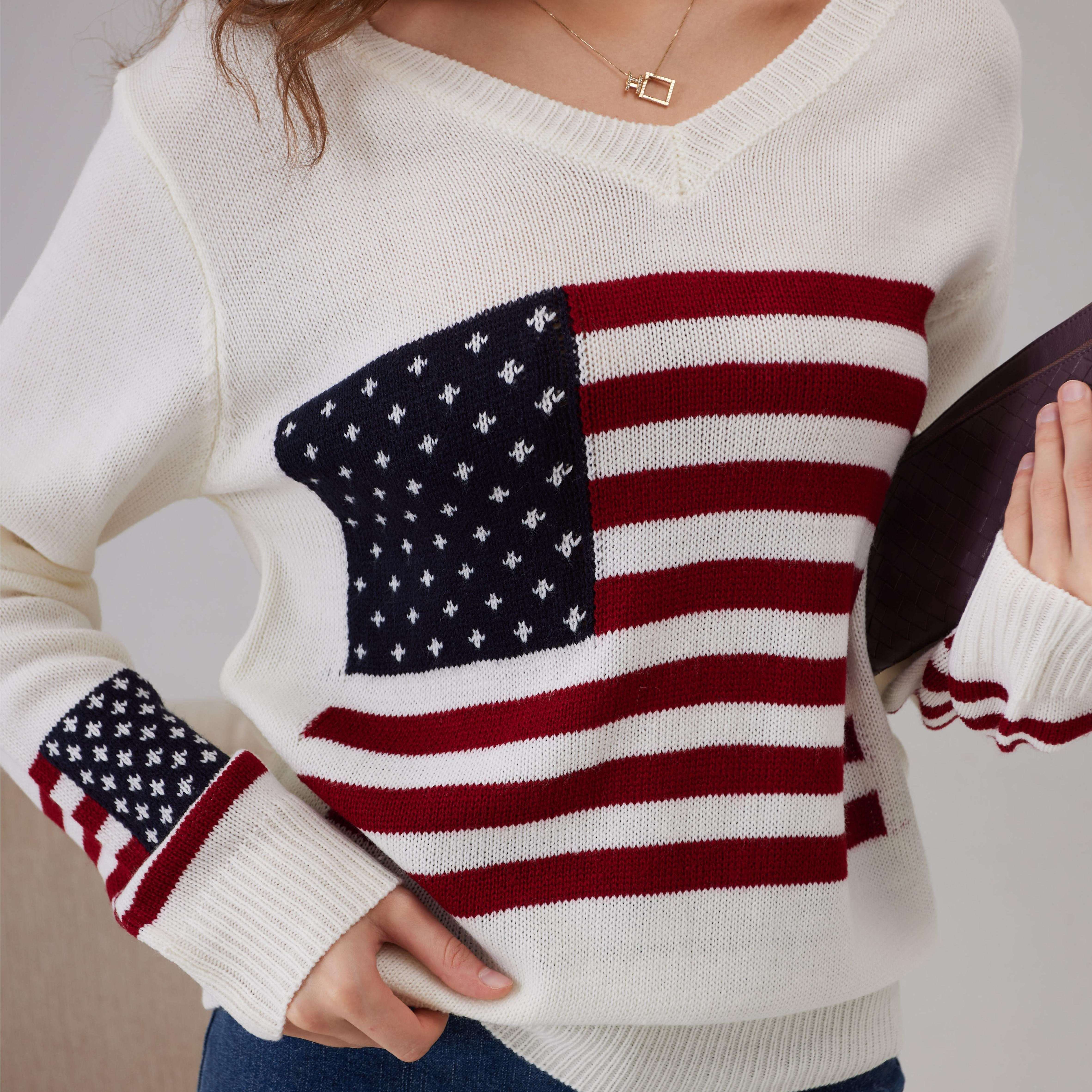 

American Flag Print V Neck Sweater, Casual Long Sleeve Sweater For Spring & Fall, Women's Clothing