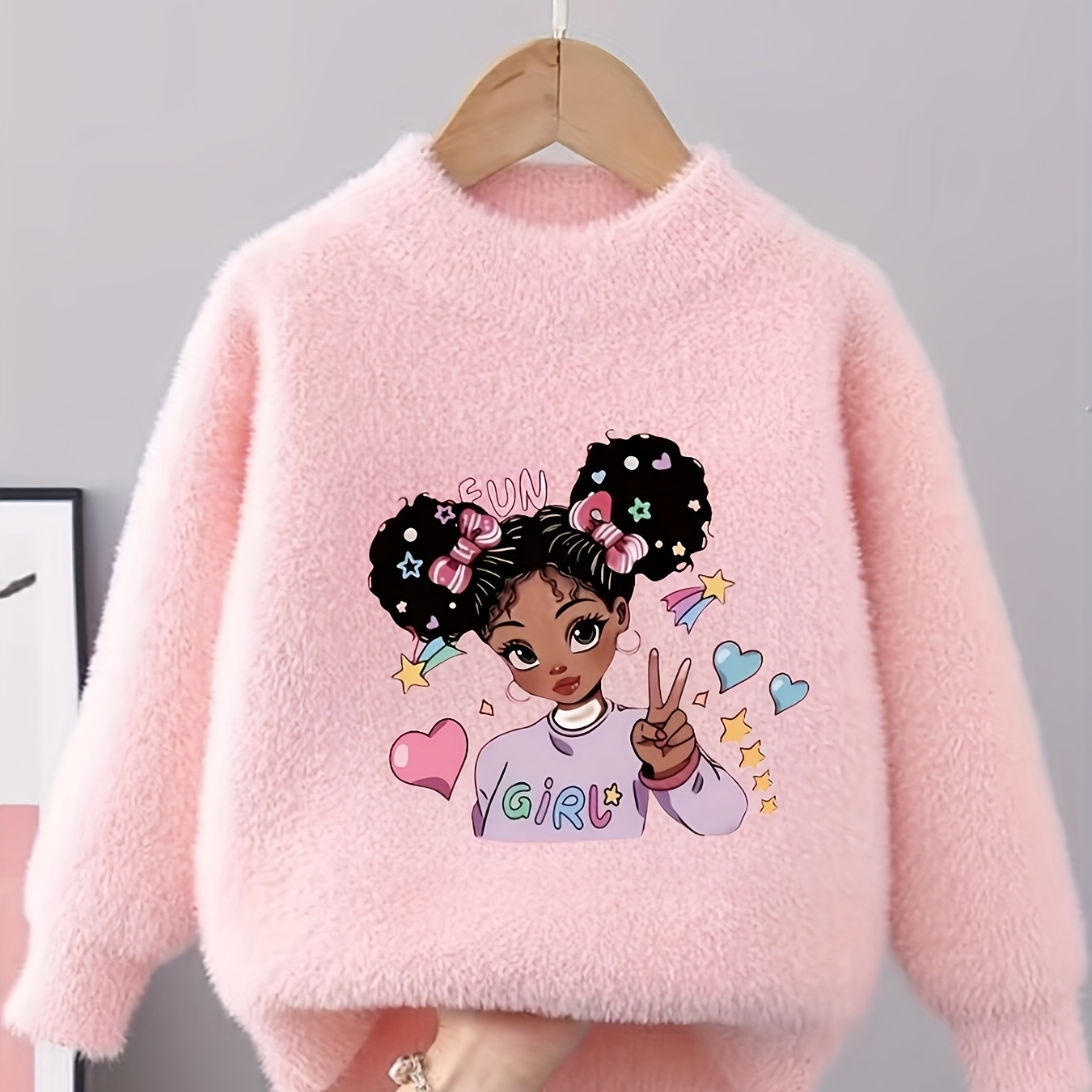 

Sweet Doll Pattern Faux Mink Fleece Sweater For Girls, Crew Neck Casual Cute Jumper Top, Girls Winter/ Fall Clothing