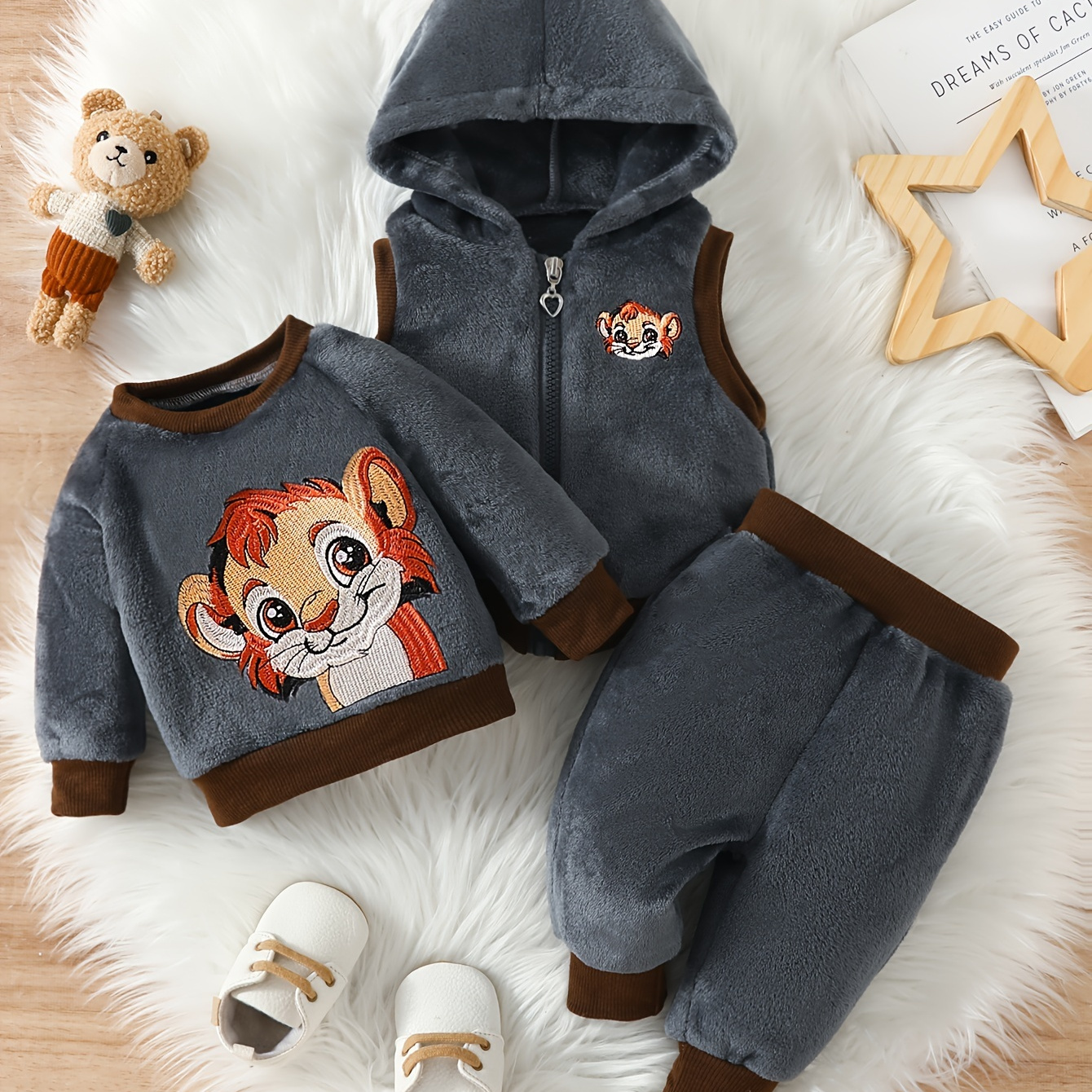 

3pcs 's Embroidery Co-ords, Fuzzy Hooded & Sweatshirt & Pants, Toddler & Infant Boy's Clothing Set, Cloth