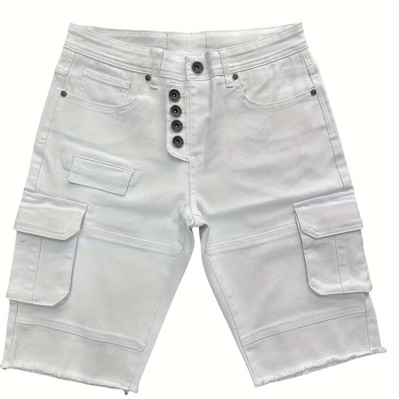 

Men's Casual White Cargo Shorts With Multi-pocket Design And Button Closure, Frayed Hem Detail, Outdoor Summer Wear - Style E911402-te-e7